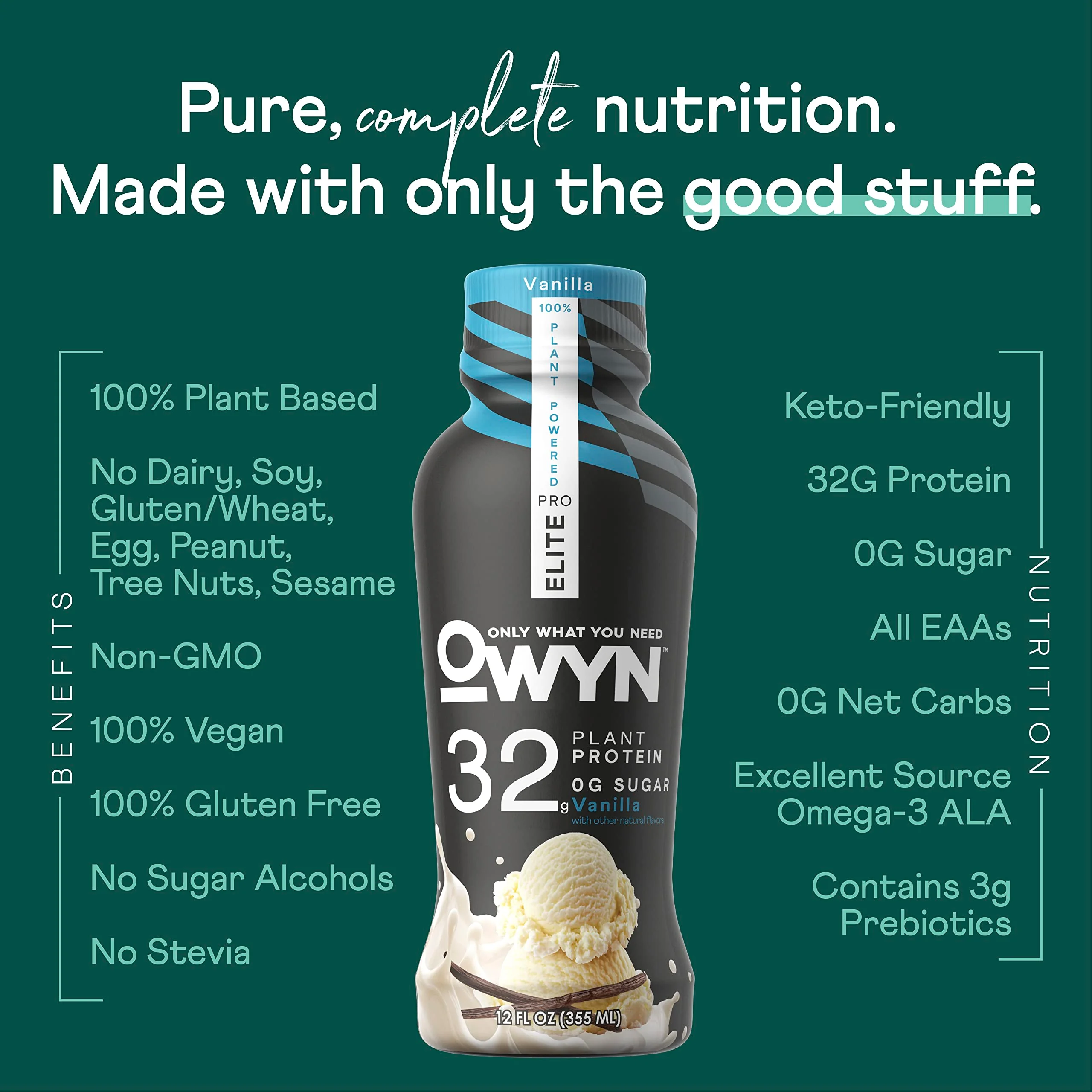 OWYN Only What You Need Pro Elite Vegan Plant Based High Protein Shake, Vanilla, 12 Pack, 32g Protein, Amino Acids, Prebiotics, Omega-3, Workout and Recovery, 0g Net Carbs, Zero Sugar, Keto - Image 2