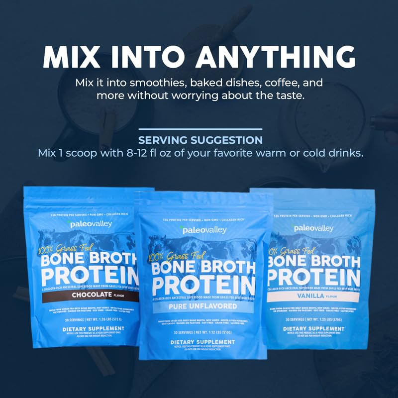 Paleovalley 100% Grass Fed Beef Bone Broth Protein Powder - Rich in Collagen Peptides for Hair, Skin, Gut Health, Bone and Joint Support - 13g Protein Per Serving - No Gluten or GMOs - Vanilla - Image 3