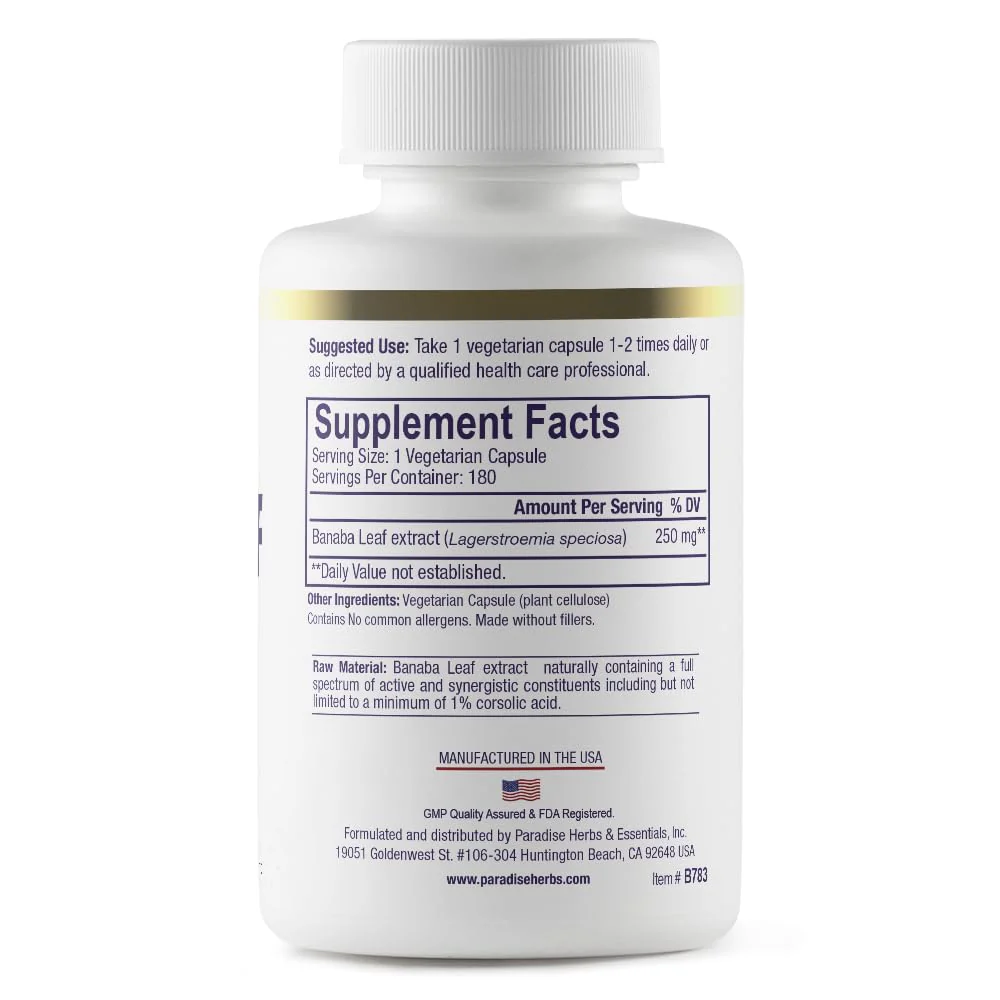 Paradise Herbs, Banaba Leaf, 12:1 Concentrated Extract, 250 mg, Vegan, Gluten-Free, Non-GMO, 180 Capsules - Image 2