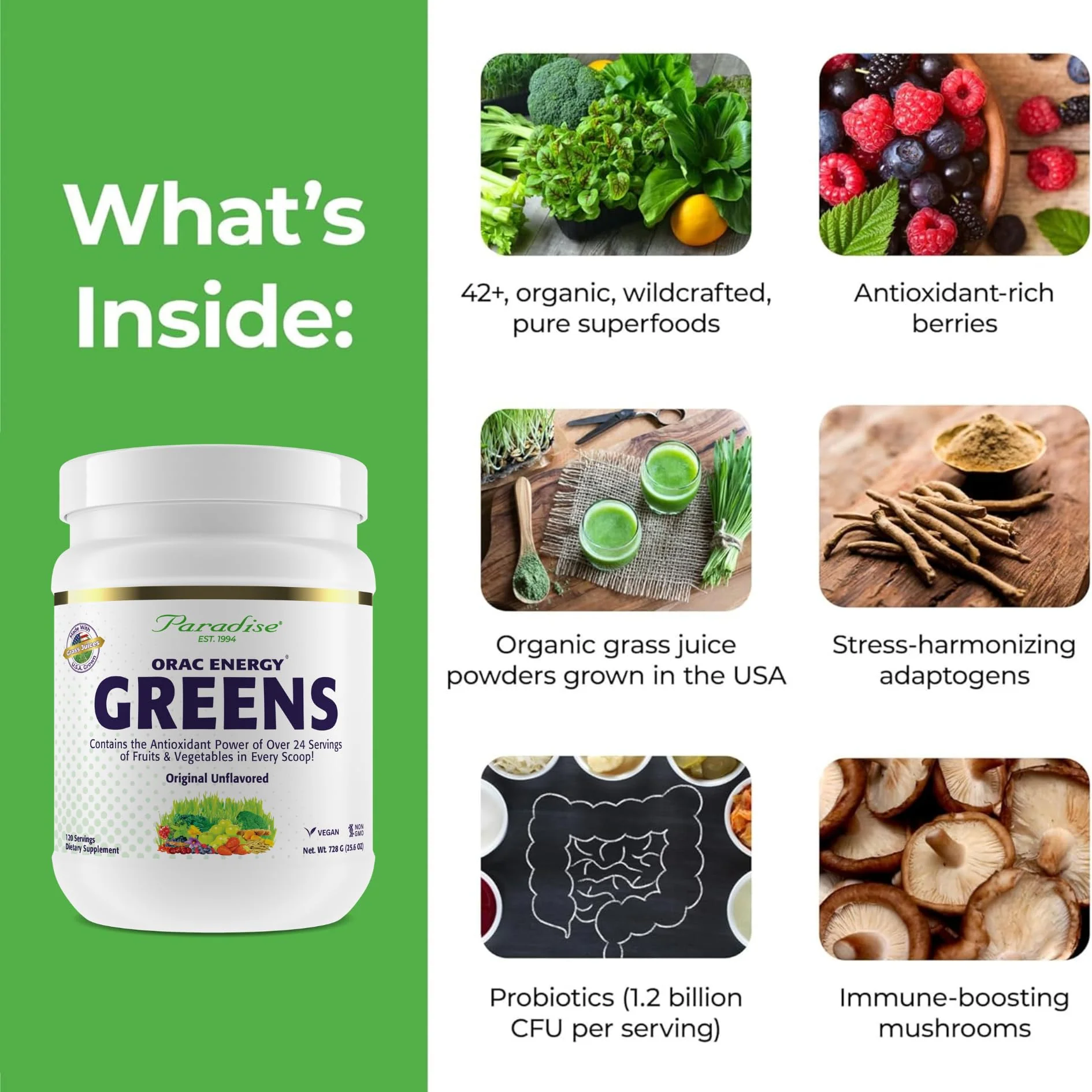 Paradise Herbs, ORAC Energy Greens Powder, Antioxidant Power of 24 Servings of Fruits & Vegetables in 1 Scoop, 120 Servings - Image 8