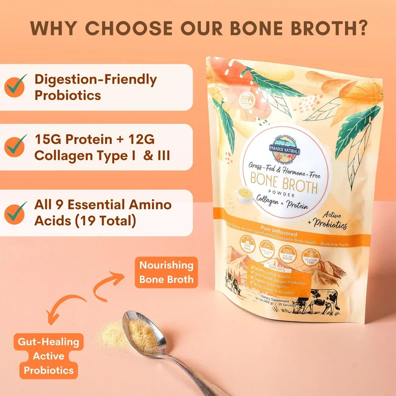 Paradise Naturals 100% Grass-Fed Beef Bone Broth Protein Powder -Active Probiotics- Collagen Peptide Rich, 15g Protein, Non-GMO, Low Sodium, Healthy Skin Hair Joints, Gut Health, Paleo Keto, No Gluten - Image 4