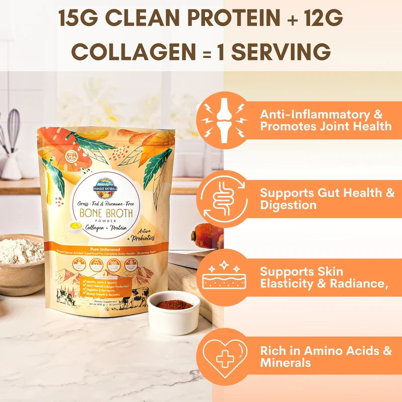 Paradise Naturals 100% Grass-Fed Beef Bone Broth Protein Powder -Active Probiotics- Collagen Peptide Rich, 15g Protein, Non-GMO, Low Sodium, Healthy Skin Hair Joints, Gut Health, Paleo Keto, No Gluten - Image 5
