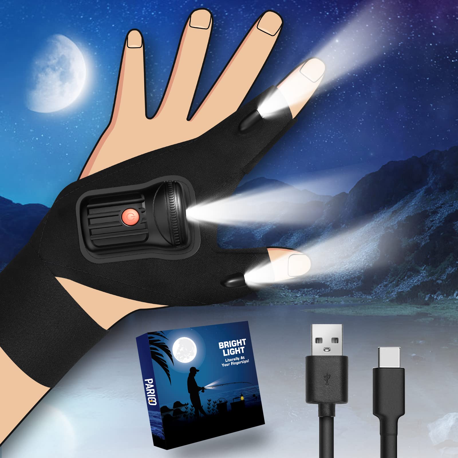PARIGO Flashlight Gloves for Men Rechargeable (1 Pair) Stocking Stuffers for Men Dad Him Husband Teen Boys, Christmas Birthday Gifts Cool Gadgets Led Gloves for Fishing Camping Repairing - Image 9