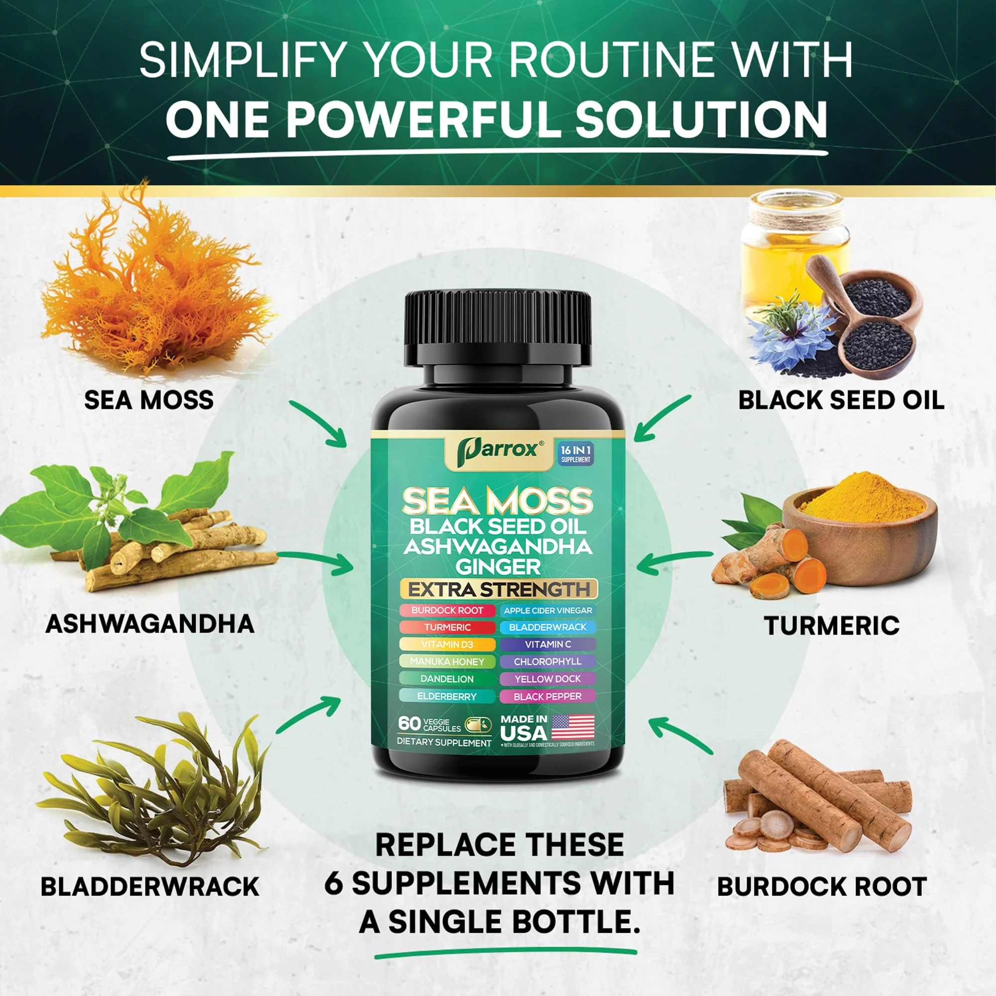 Parrox Sea Moss, Black Seed Oil, Ashwagandha, Turmeric, Chlorophyll, Dandelion, Ginger, Vitamin D3, Black Pepper, Elderberry, ACV, Yellow Dock, Burdock Root, Manuka, Vitamin C, Bladderwrack (60 Caps) - Image 4
