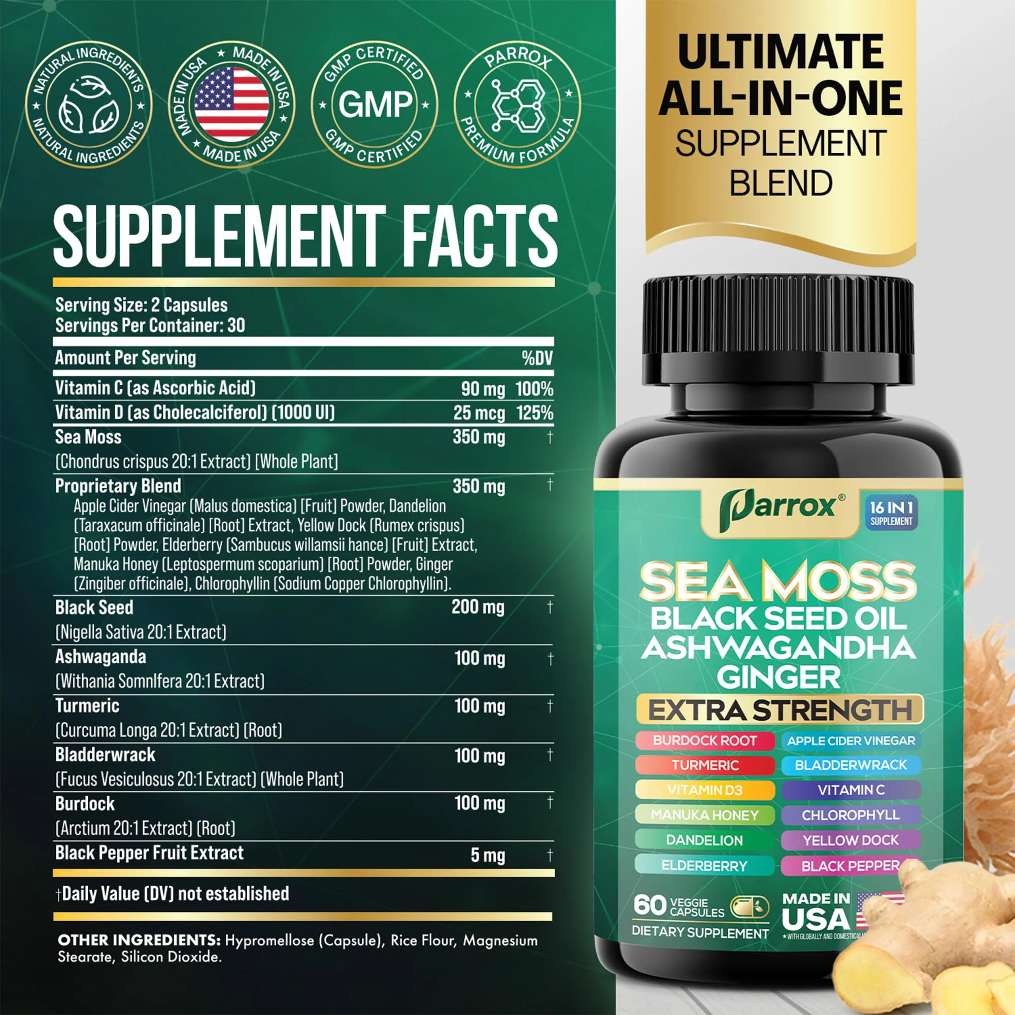 Parrox Sea Moss, Black Seed Oil, Ashwagandha, Turmeric, Chlorophyll, Dandelion, Ginger, Vitamin D3, Black Pepper, Elderberry, ACV, Yellow Dock, Burdock Root, Manuka, Vitamin C, Bladderwrack (60 Caps) - Image 7
