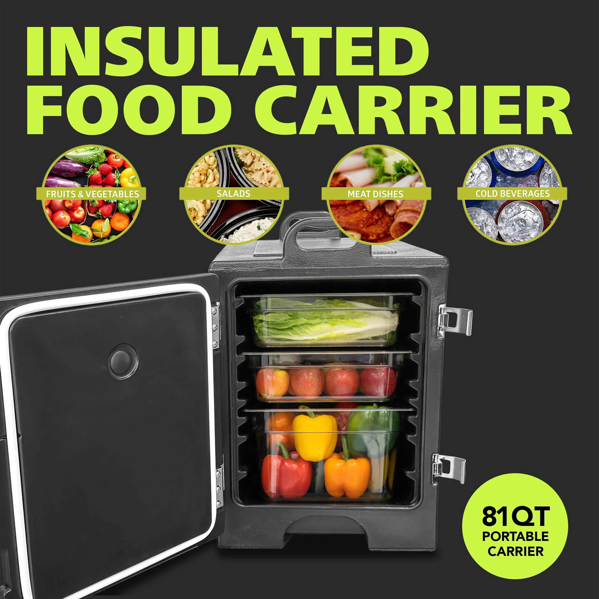 Pearington Commercial-Grade Insulated Food Pan Carrier for 5 Full-Size Pans, End-Loading Non-Electrical Stackable Hot Box Food Warmer with New Stainless Steel Latches, Black - Image 7
