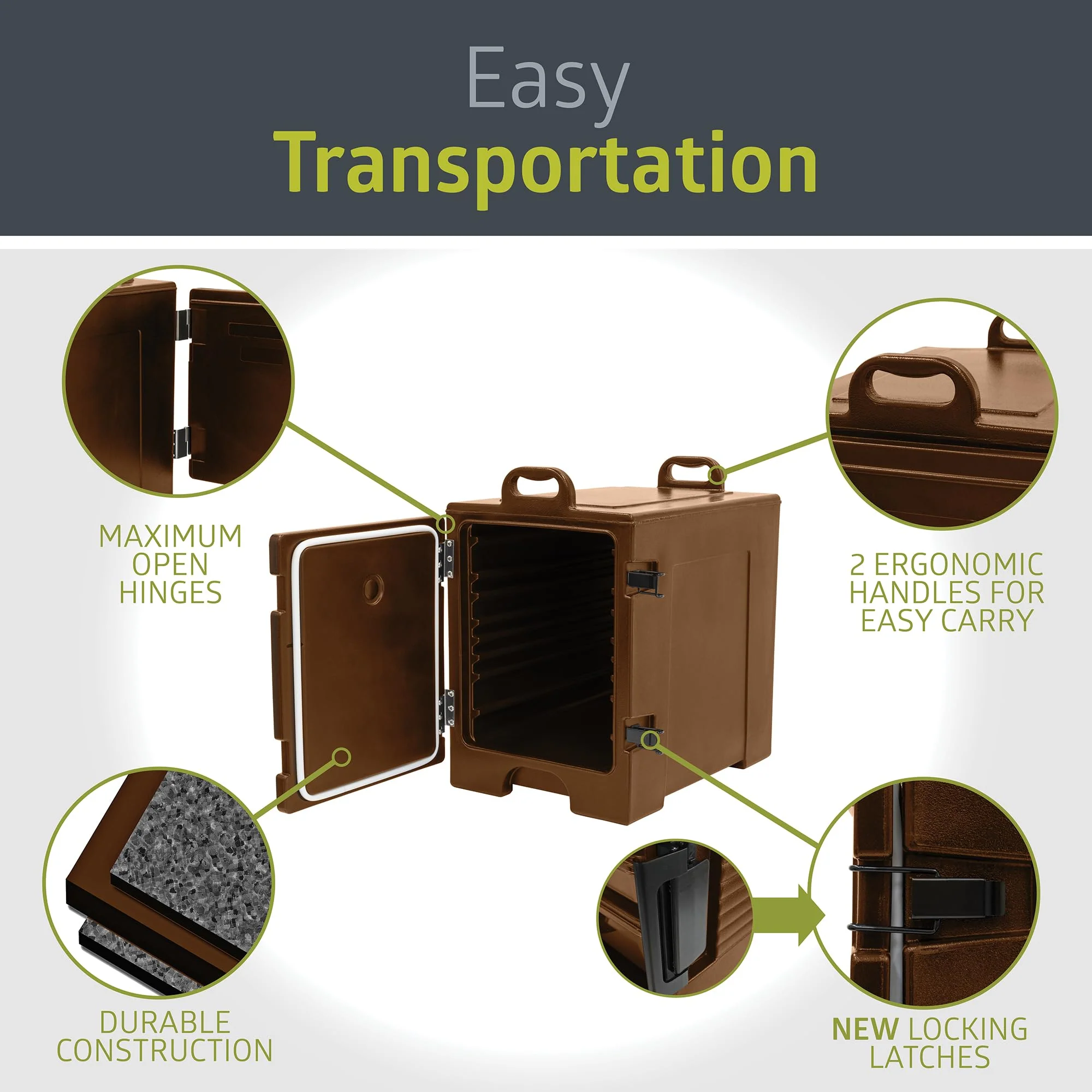 Pearington Premium Insulated Food Pan Carrier, 81 Quart, Double Walled with Dual Front Latches, Fits 5 Full Size Pans, Brown - Image 6