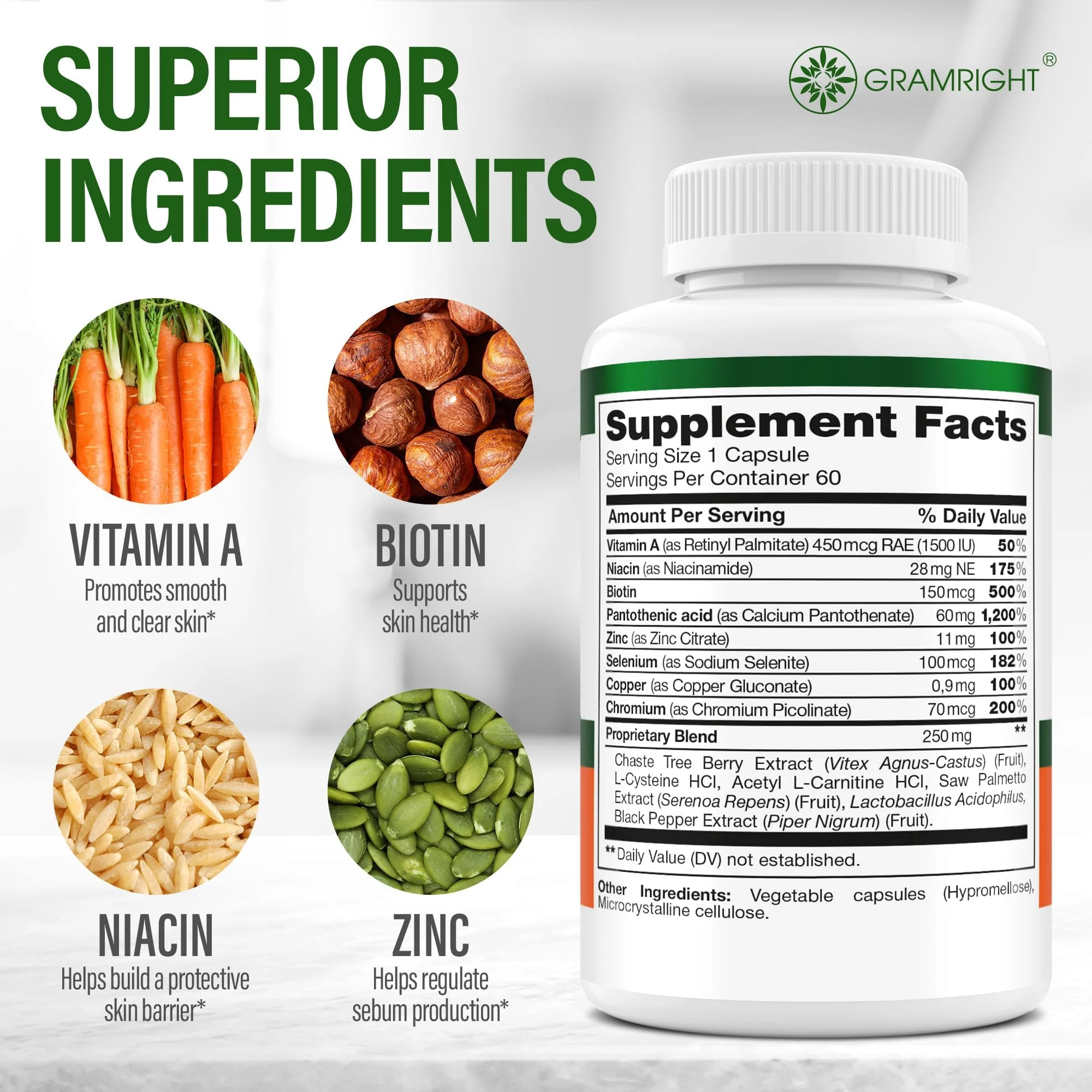 Perfect Skin Acne Capsules – Niacinamide, Biotin, Vitamin A & Probiotics for Teens & Adults – 13 Powerful Ingredients for Face Acne, Acne Scars & Dark Spots – 60 Vegan Capsules, Made in the USA - Image 8