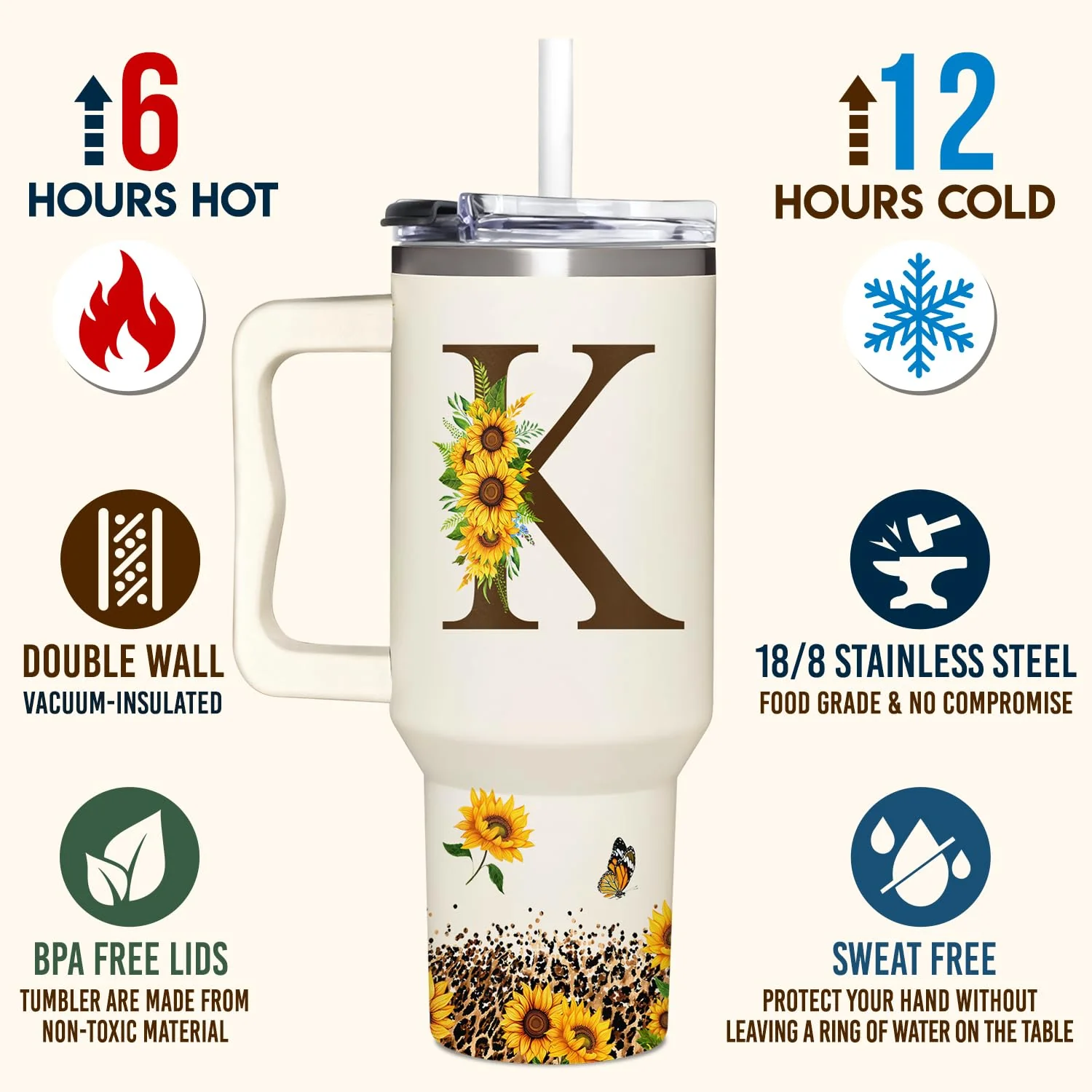 Personalized Birthday Gifts For Women - Sunflower Gifts For Women, Mom - Christmas Gifts For Womens, Mother's Day Gift For Mom, Boss - Monogrammed, Initial Tumbler Handle 40oz W Lids & Straws, K - Image 5