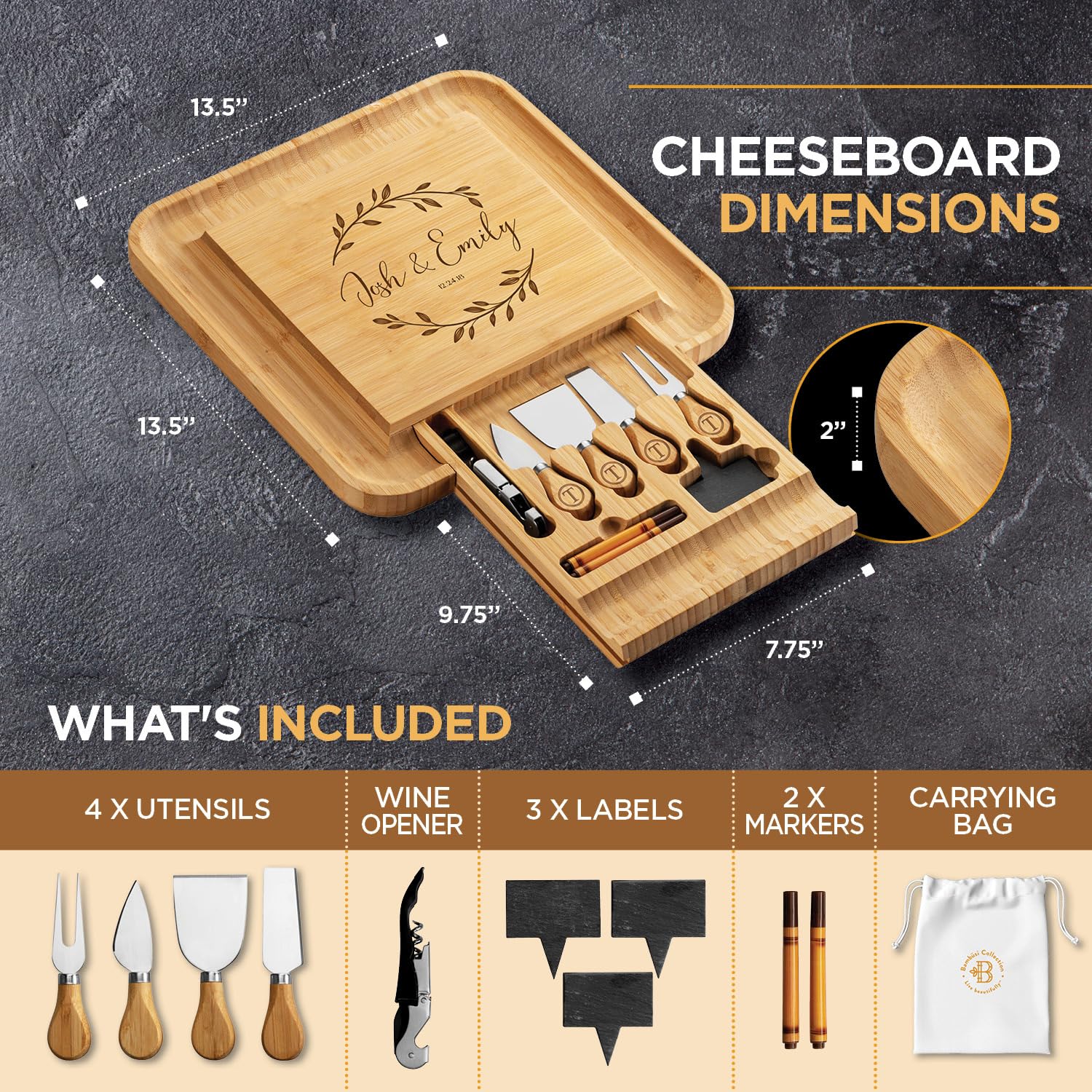 Personalized Charcuterie Board Gift Set - Custom Engraved Charcuterie Boards, Bamboo Cheese Board & Meat Platter - Wedding Gifts, Housewarming Gift for New Home, Anniversary, Birthday, Christmas Gifts - Image 9