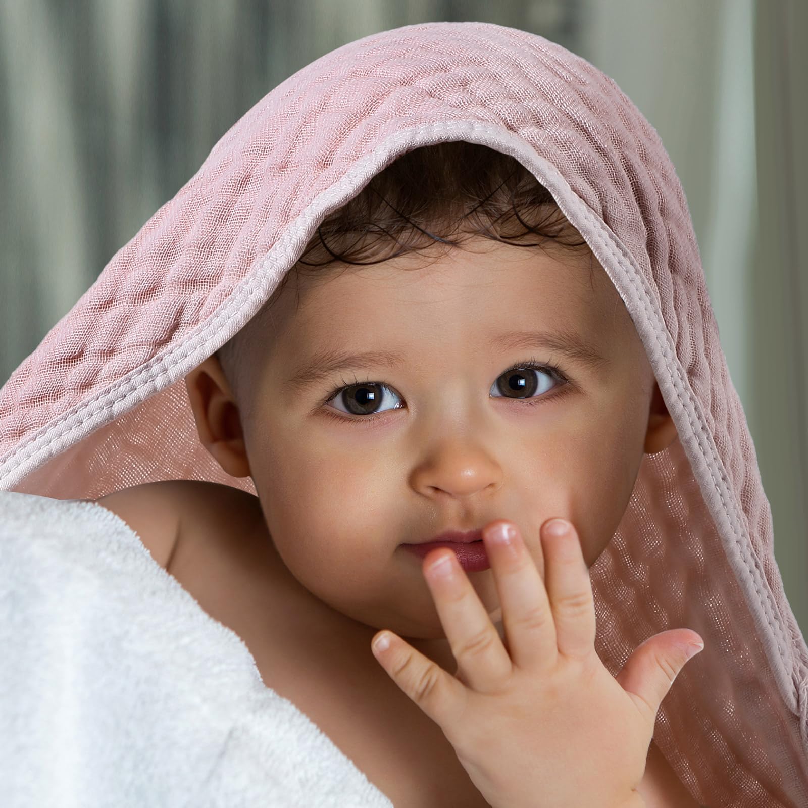 Peryiter 4 Pcs Muslin Hooded Baby Towels, 32"x 32" Cotton Newborn Bath Towel Muslin Infant Baby Blankets Absorbent Unisex Christmas Registry Gift Essentials for Girls Boys (Light Pink) - Image 2