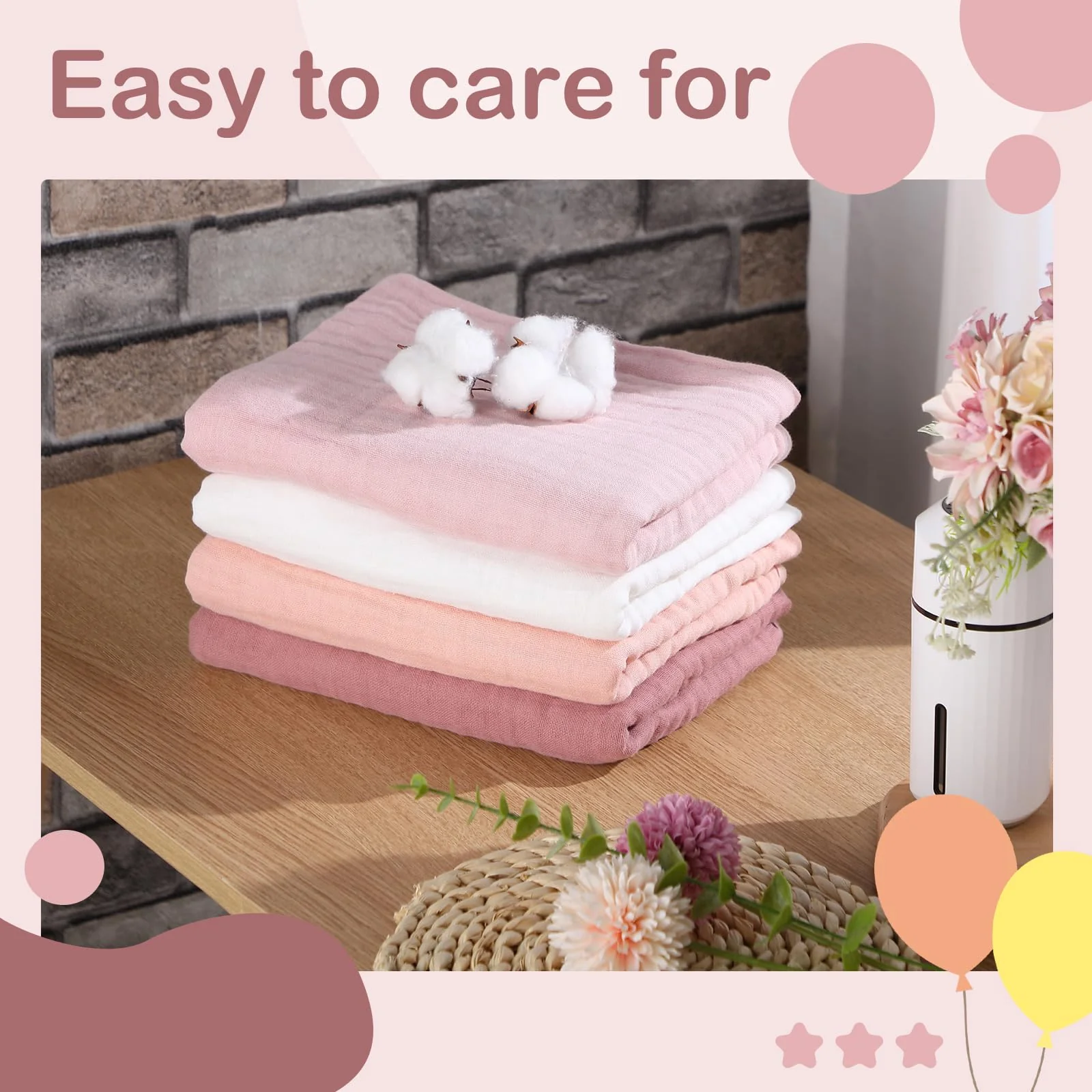 Peryiter 4 Pcs Muslin Hooded Baby Towels, 32"x 32" Cotton Newborn Bath Towel Muslin Infant Baby Blankets Absorbent Unisex Christmas Registry Gift Essentials for Girls Boys (Light Pink) - Image 3