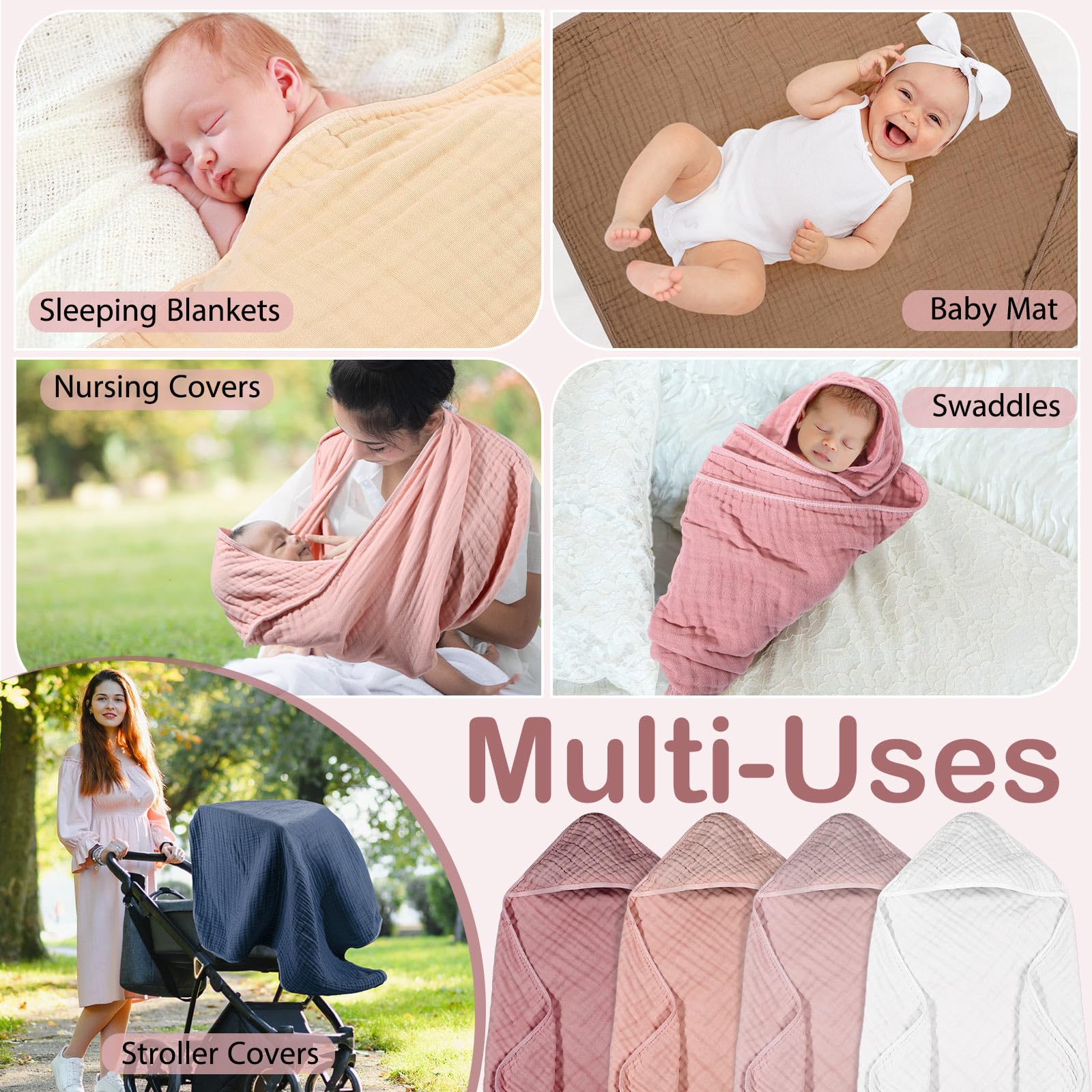 Peryiter 4 Pcs Muslin Hooded Baby Towels, 32"x 32" Cotton Newborn Bath Towel Muslin Infant Baby Blankets Absorbent Unisex Christmas Registry Gift Essentials for Girls Boys (Light Pink) - Image 4
