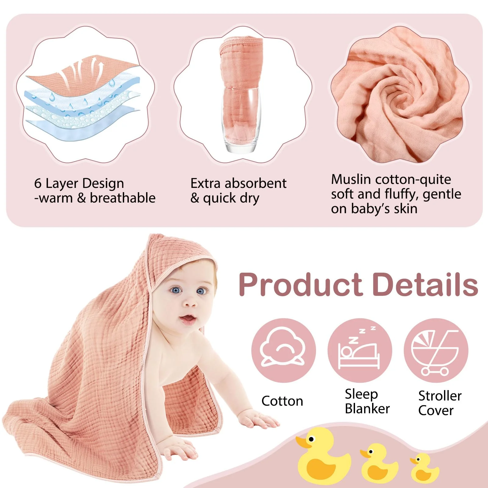 Peryiter 4 Pcs Muslin Hooded Baby Towels, 32"x 32" Cotton Newborn Bath Towel Muslin Infant Baby Blankets Absorbent Unisex Christmas Registry Gift Essentials for Girls Boys (Light Pink) - Image 5