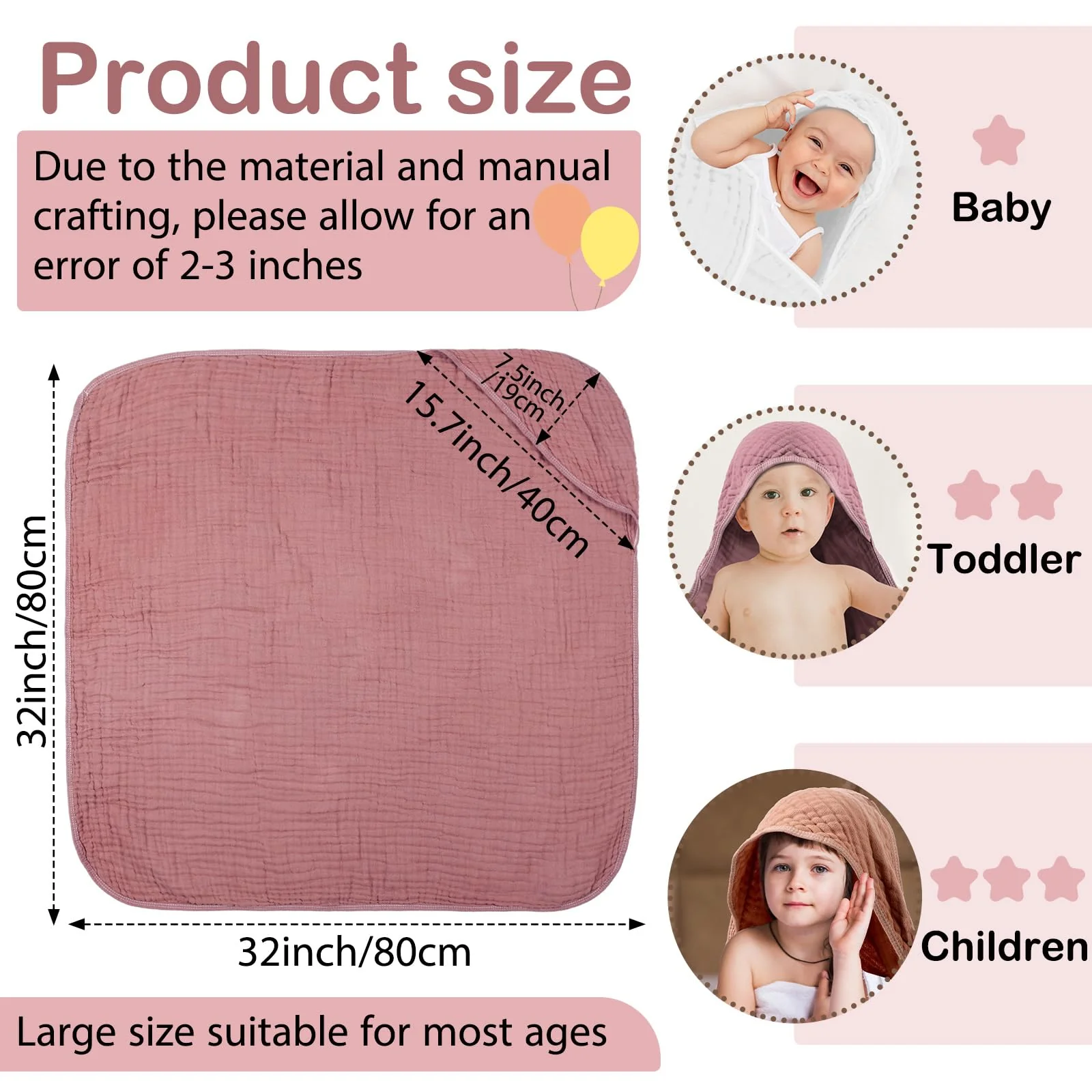 Peryiter 4 Pcs Muslin Hooded Baby Towels, 32"x 32" Cotton Newborn Bath Towel Muslin Infant Baby Blankets Absorbent Unisex Christmas Registry Gift Essentials for Girls Boys (Light Pink) - Image 6