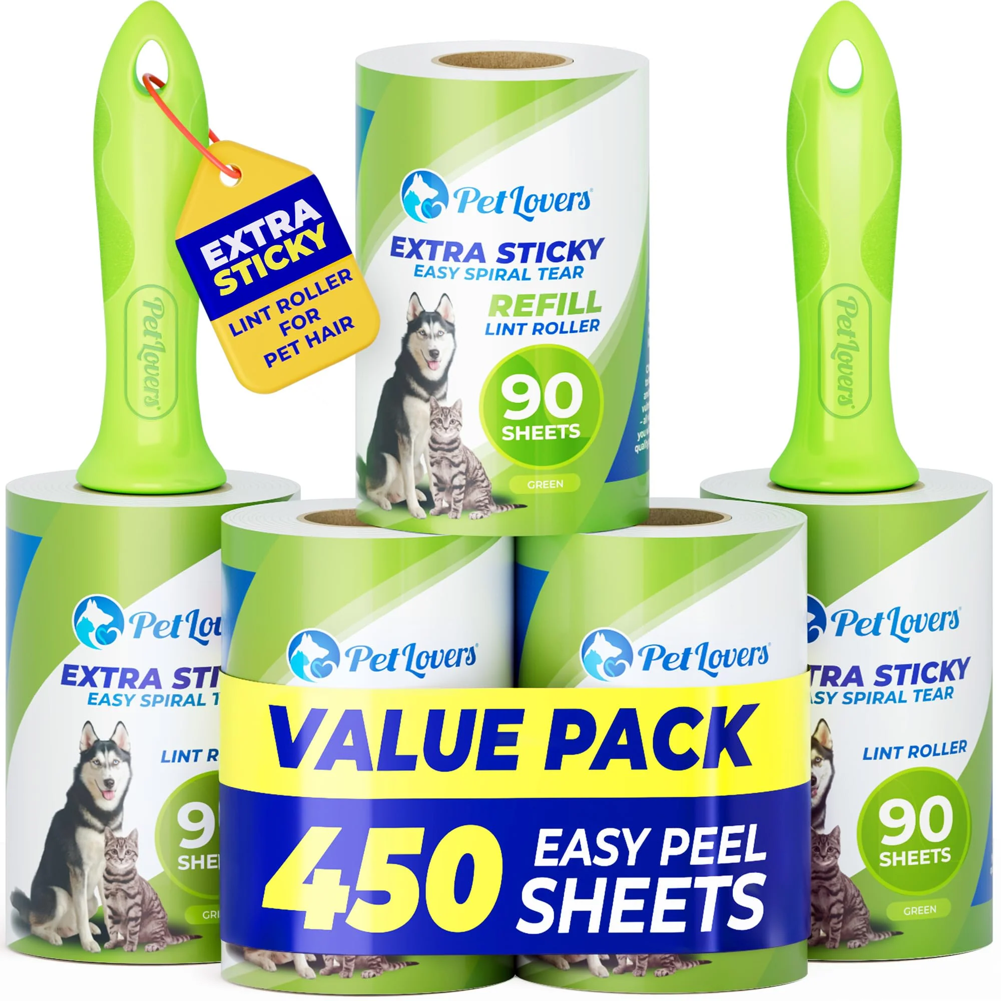 PetLovers Extra Sticky Lint Roller Mega Value Set 450 Sheets for Pet Hair Removal and Clothes, Dog and Cat Lint Remover 5 Pack Green