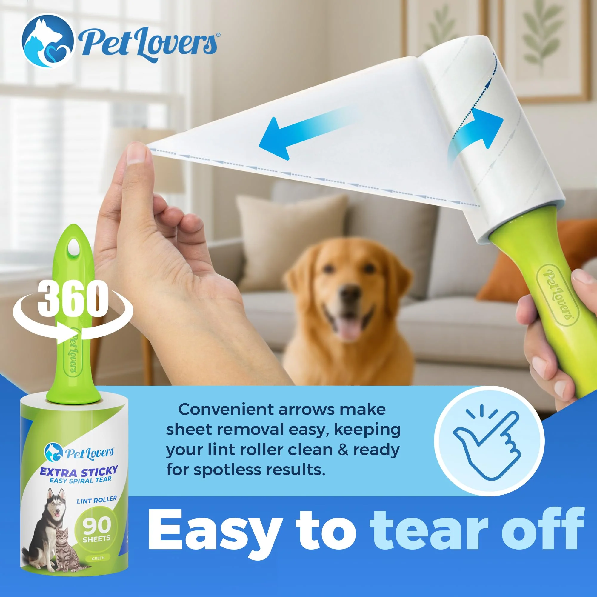 PetLovers Extra Sticky Lint Roller Mega Value Set 450 Sheets for Pet Hair Removal and Clothes, Dog and Cat Lint Remover 5 Pack Green - Image 3