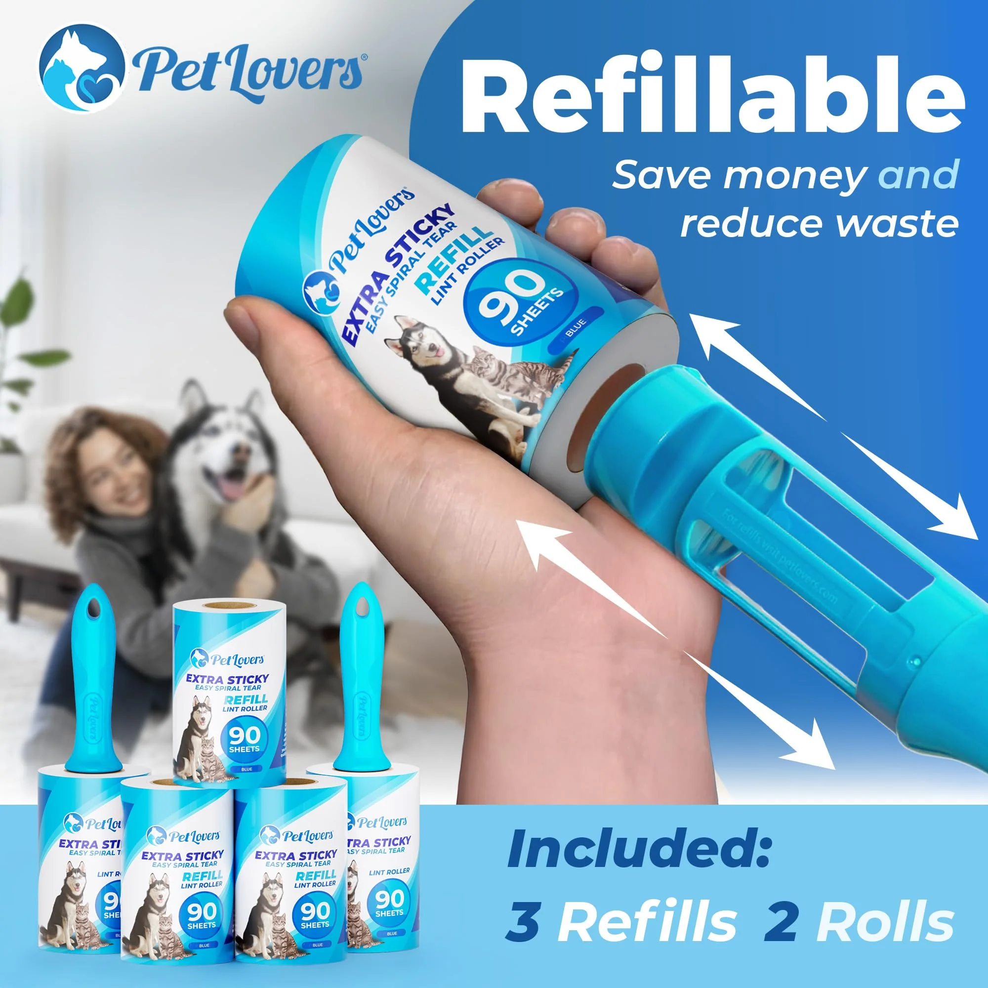 PetLovers Extra Sticky Lint Roller Mega Value Set 450 Sheets for Pet Hair Removal and Clothes, Dog and Cat Lint Remover 5 Pack Light Blue - Image 2
