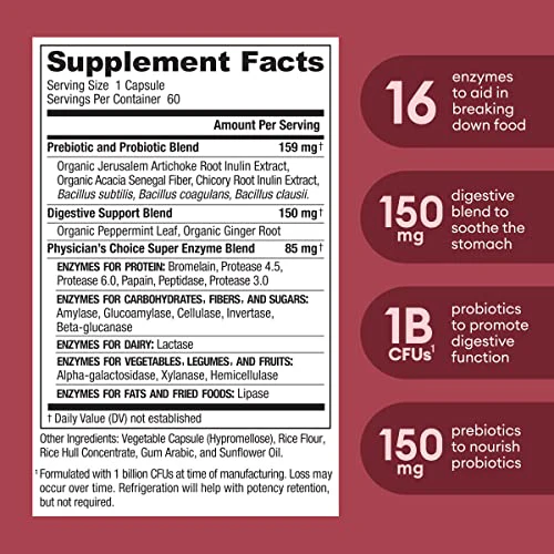Physician's CHOICE Powerful Digestive Enzymes, Organic Prebiotics & Probiotics for Digestive & Gut Health - for Meal Time Discomfort Relief - Dual Action Approach W/Bromelain - 60 CT - Image 6
