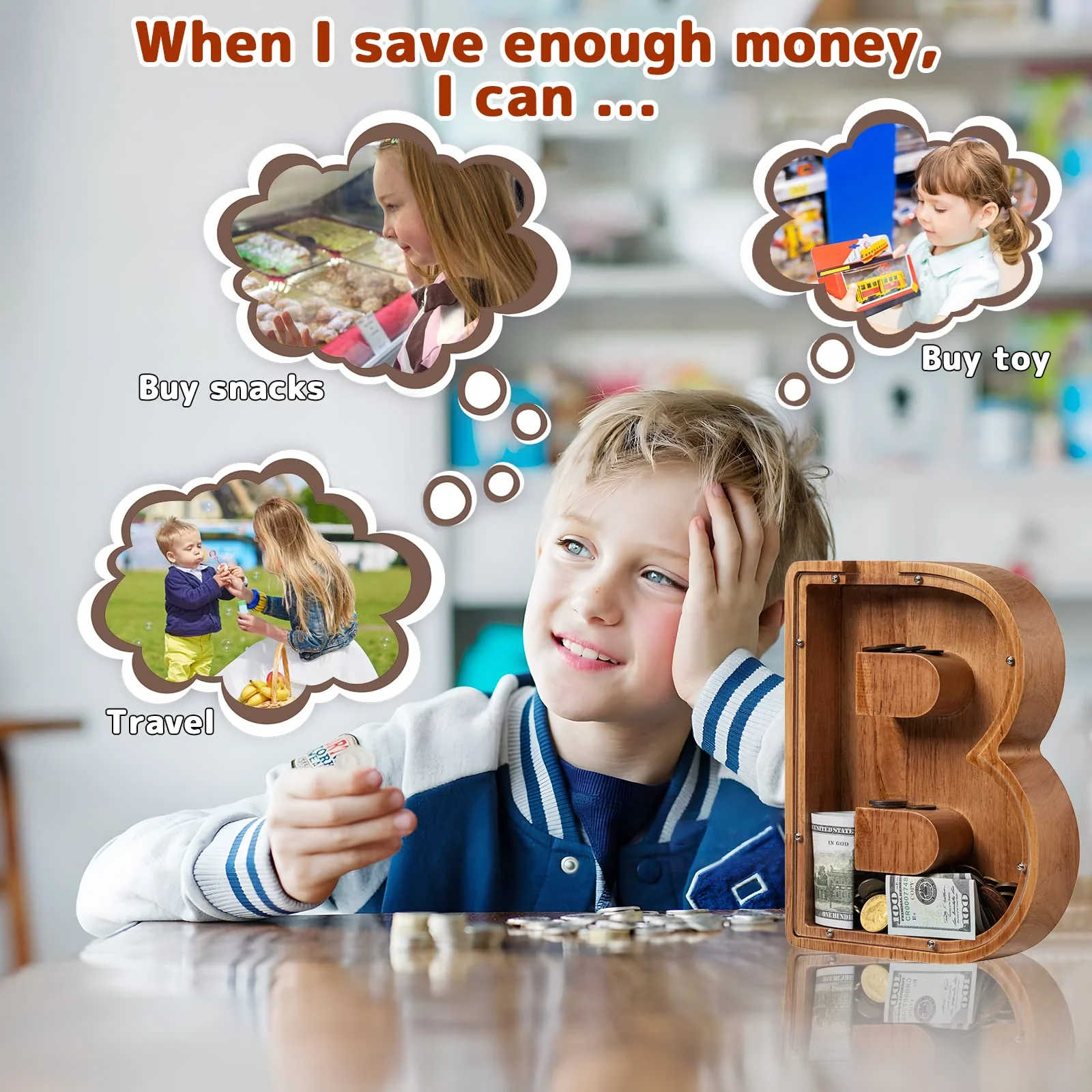 Piggy Bank for Kids Boys Girls, Wooden Large Letter Piggy Bank Alphabet Money Bank with Initial B, Coin Bank Fun Gifts for Birthday, Christmas, Festival, Baby Shower - Image 3