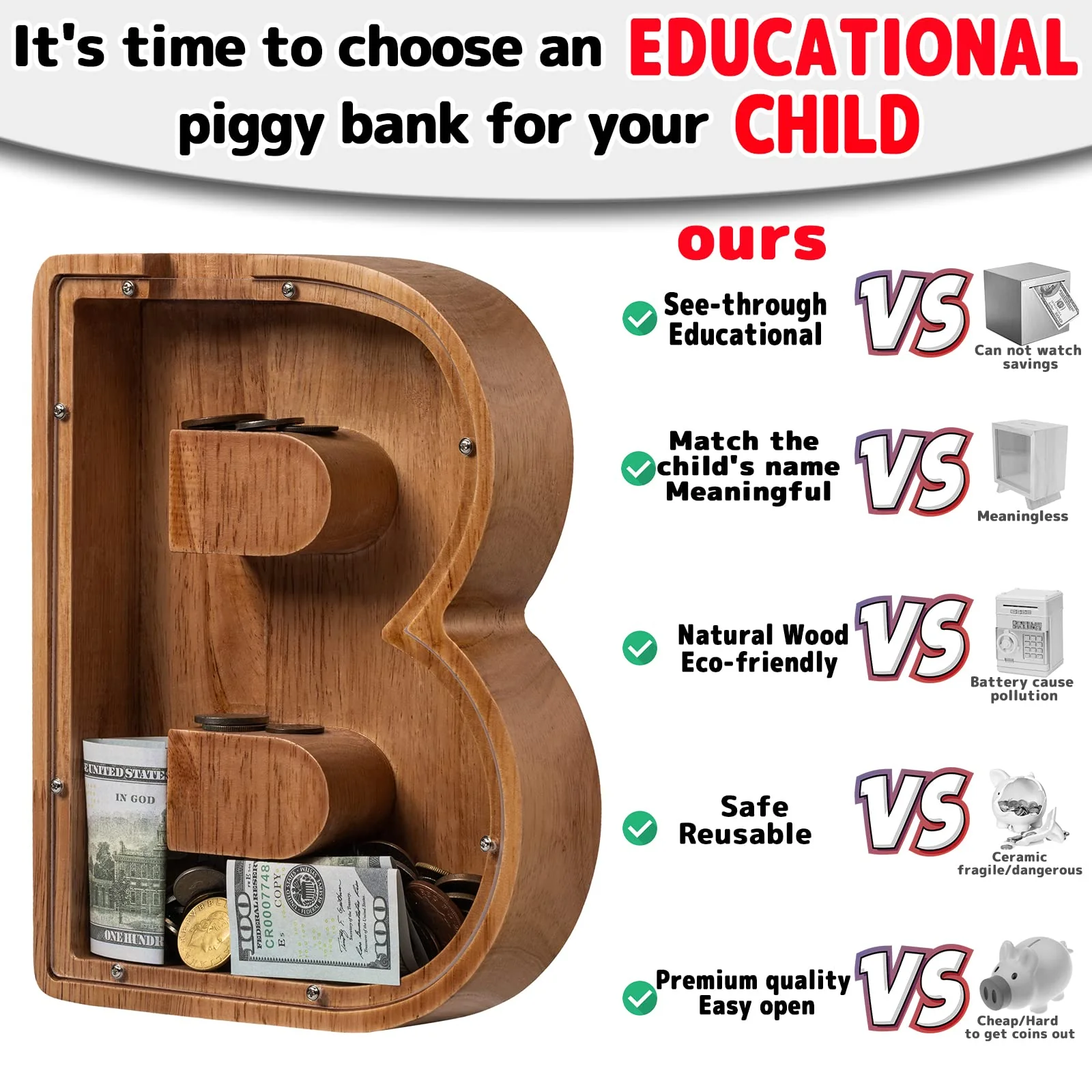 Piggy Bank for Kids Boys Girls, Wooden Large Letter Piggy Bank Alphabet Money Bank with Initial B, Coin Bank Fun Gifts for Birthday, Christmas, Festival, Baby Shower - Image 5