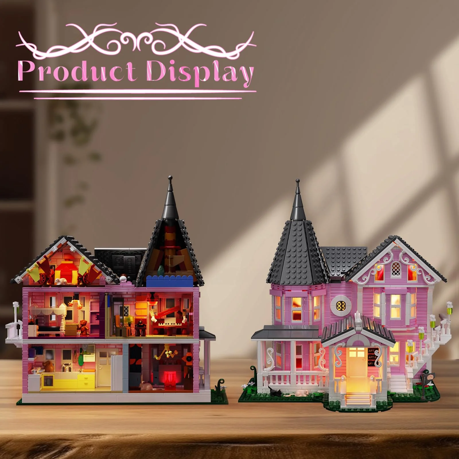 Pink Palace House Building Set with Lights, Halloween Haunted House Blocks Toy, Halloween House Kit for Kids Adults, Compatible with Lego, Christmas for Girls and Boys, Aged 8+ (1349PCS) - Image 6