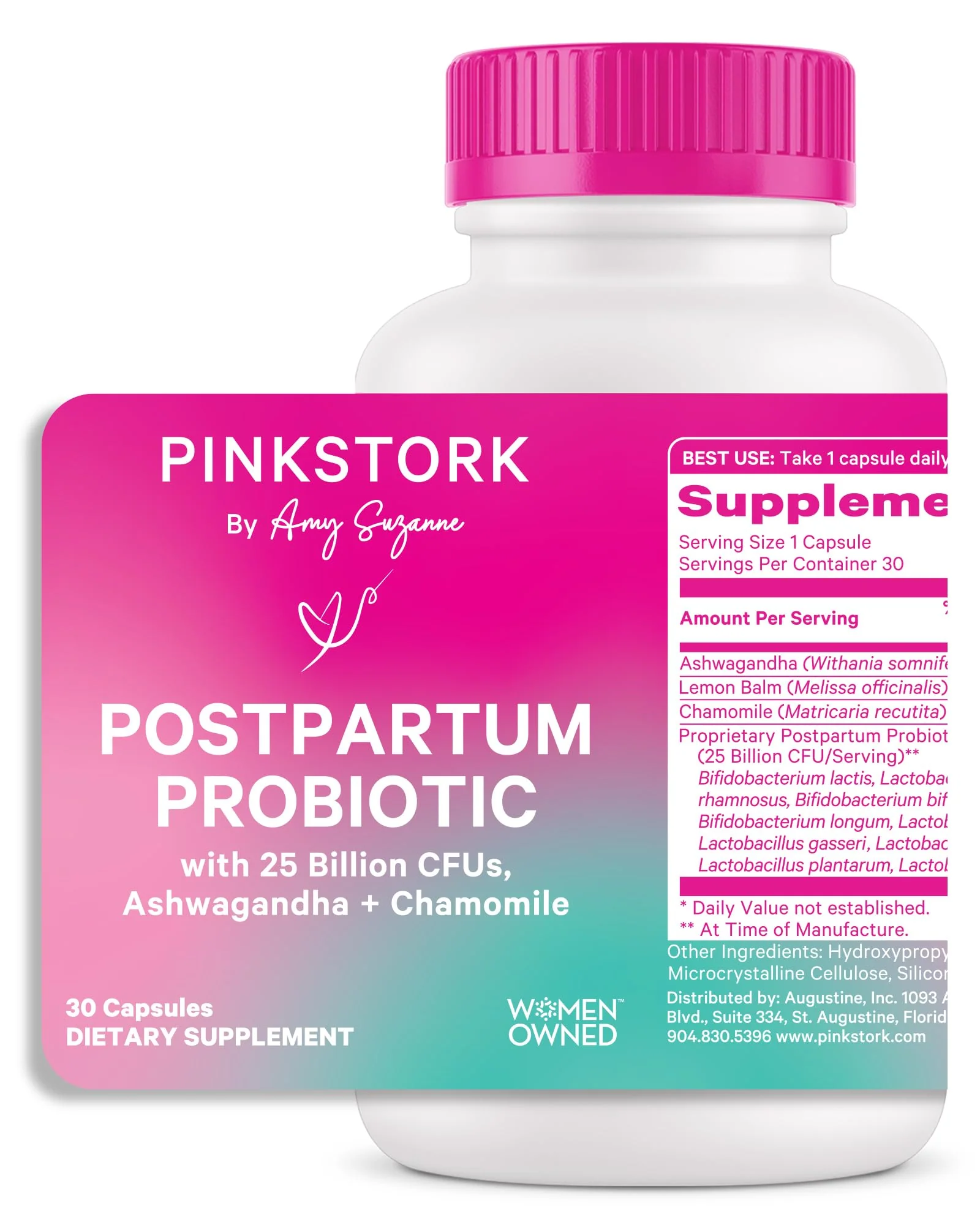 Pink Stork Probiotics for Postnatal Women - 30 Billion CFUS with Ashwagandha and Chamomile, Postpartum Essentials for Hormone Balance, Mood Support, Gut Health, Digestive Wellness, 30 Capsules