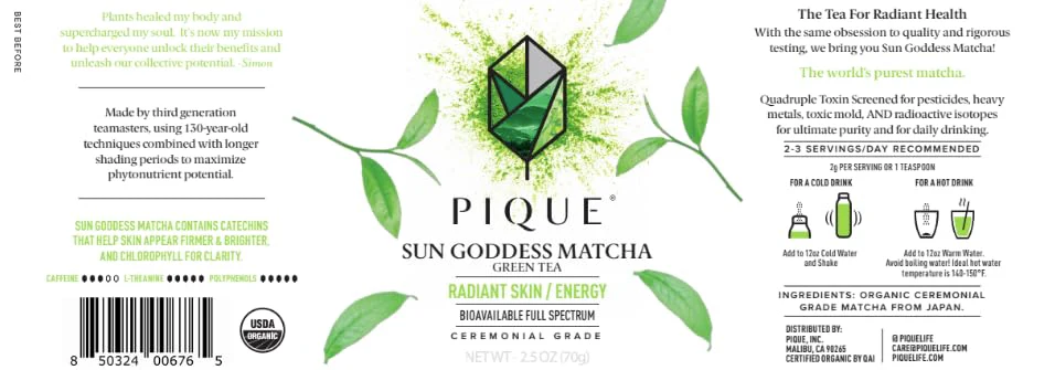 PIQUE Organic Sun Goddess Matcha Tin - Premium First Harvest Ceremonial Grade Matcha Green Tea Powder from Japan (70g/ 2.5oz) - Image 5