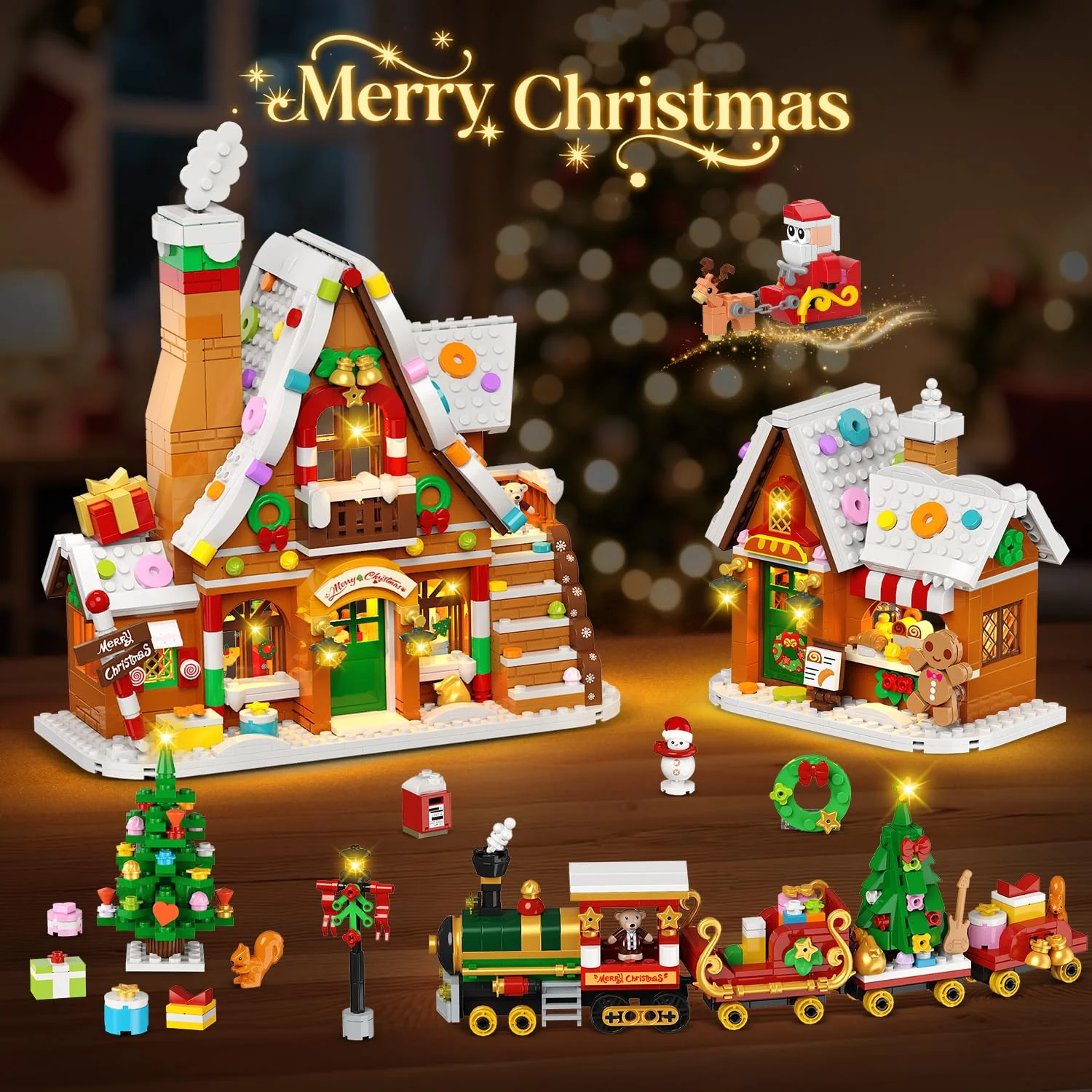 PLAXSOON Christmas Gingerbread House Village Mini Building Set with Lights, 1955 PCS Holiday Village Building Block Toy with Xmas Tree Train Santa for Home Decor, Gift for Adults Kids Girls Boys 14+ - Image 13