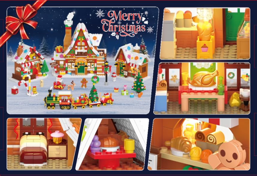 PLAXSOON Christmas Gingerbread House Village Mini Building Set with Lights, 1955 PCS Holiday Village Building Block Toy with Xmas Tree Train Santa for Home Decor, Gift for Adults Kids Girls Boys 14+ - Image 6
