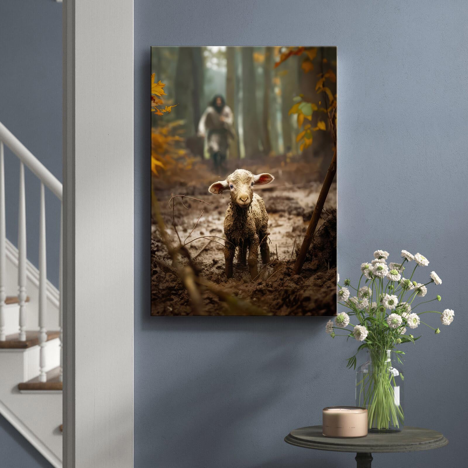Ploceiny christian gifts for women-men,Religious canvas home decor for prayer room christmas decorations Jesus Running After Lost Lamb Picture Jesus and lamb poster wall decor A-392 (16"X24") - Image 6