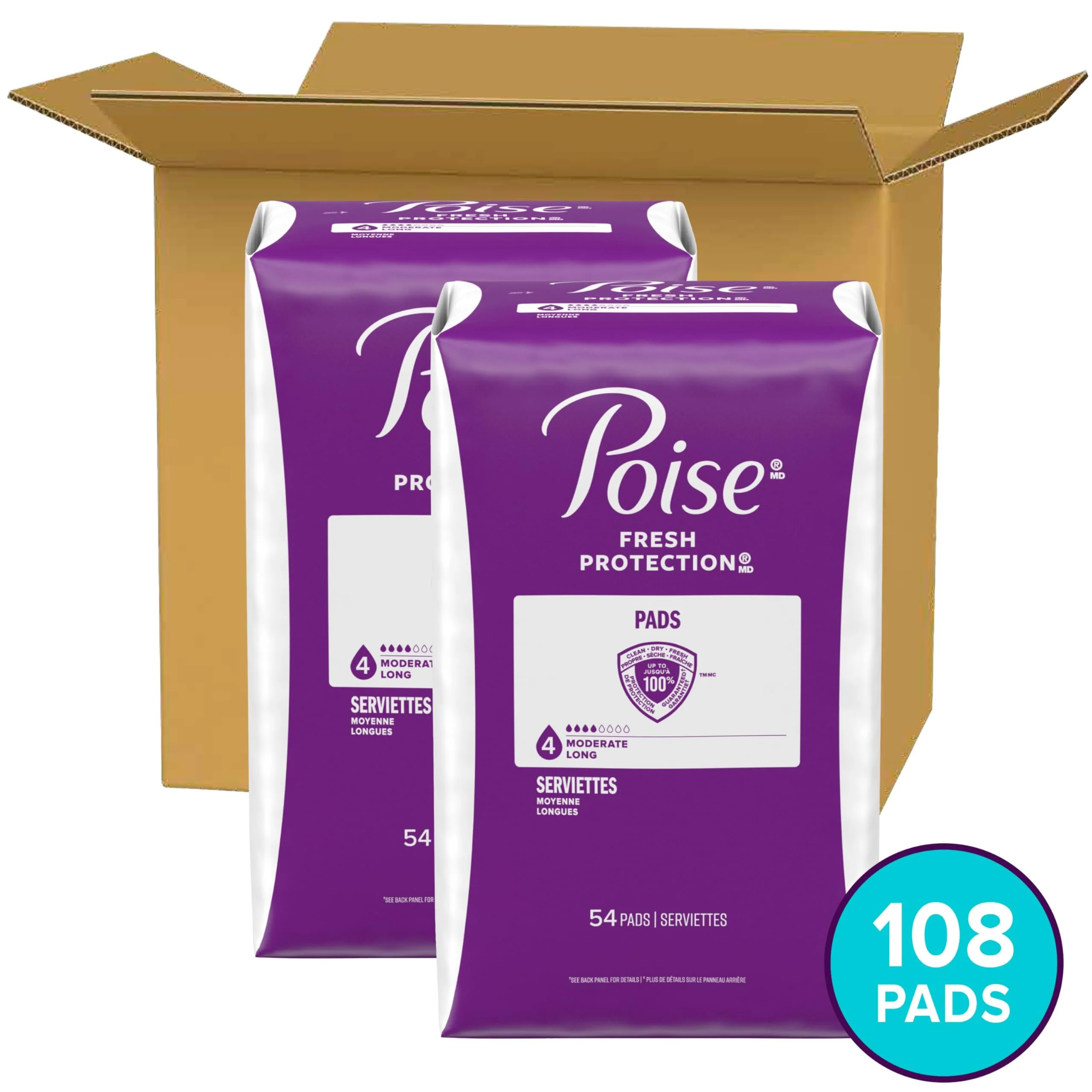 Poise Incontinence & Postpartum Pads for Bladder Leaks, 4 Drop Moderate Absorbency, Long Length, 108 Count, Packaging May Vary - Image 6