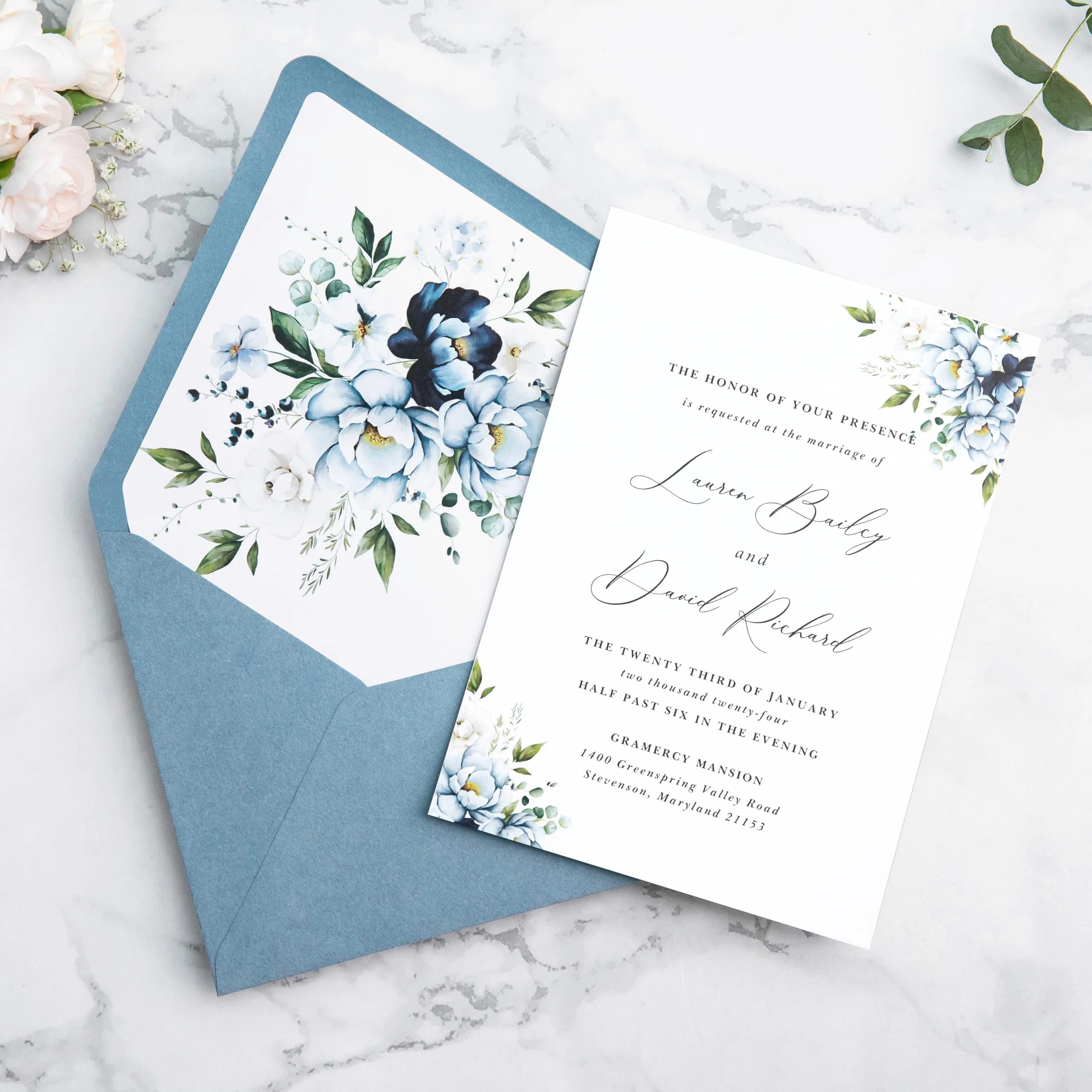 PONATIA 50PCS A7 Euro Flap Envelopes, 5.25 x 7.25'' Dusty Blue Flowers Liner Envelopes for Wedding Invitations, Photos, Postcards, Greeting Cards, Christmas Gift Cards, Acrylic Mailing, 5x7 envelopes - Image 4