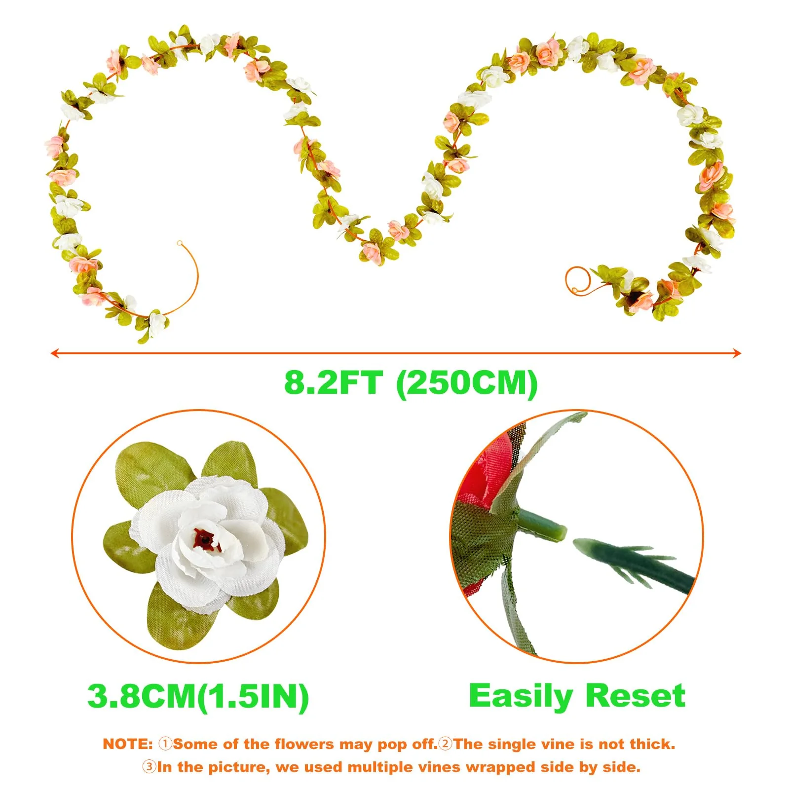 PONKING 8 Pcs x 8.2 ft Flower Garland Artificial Rose Vine Flowers with Green Leaves Hanging Fake Roses Vine for Room Party Home Wedding Birthday Christmas Wall Arch Decor, Spring Pink Flower - Image 4