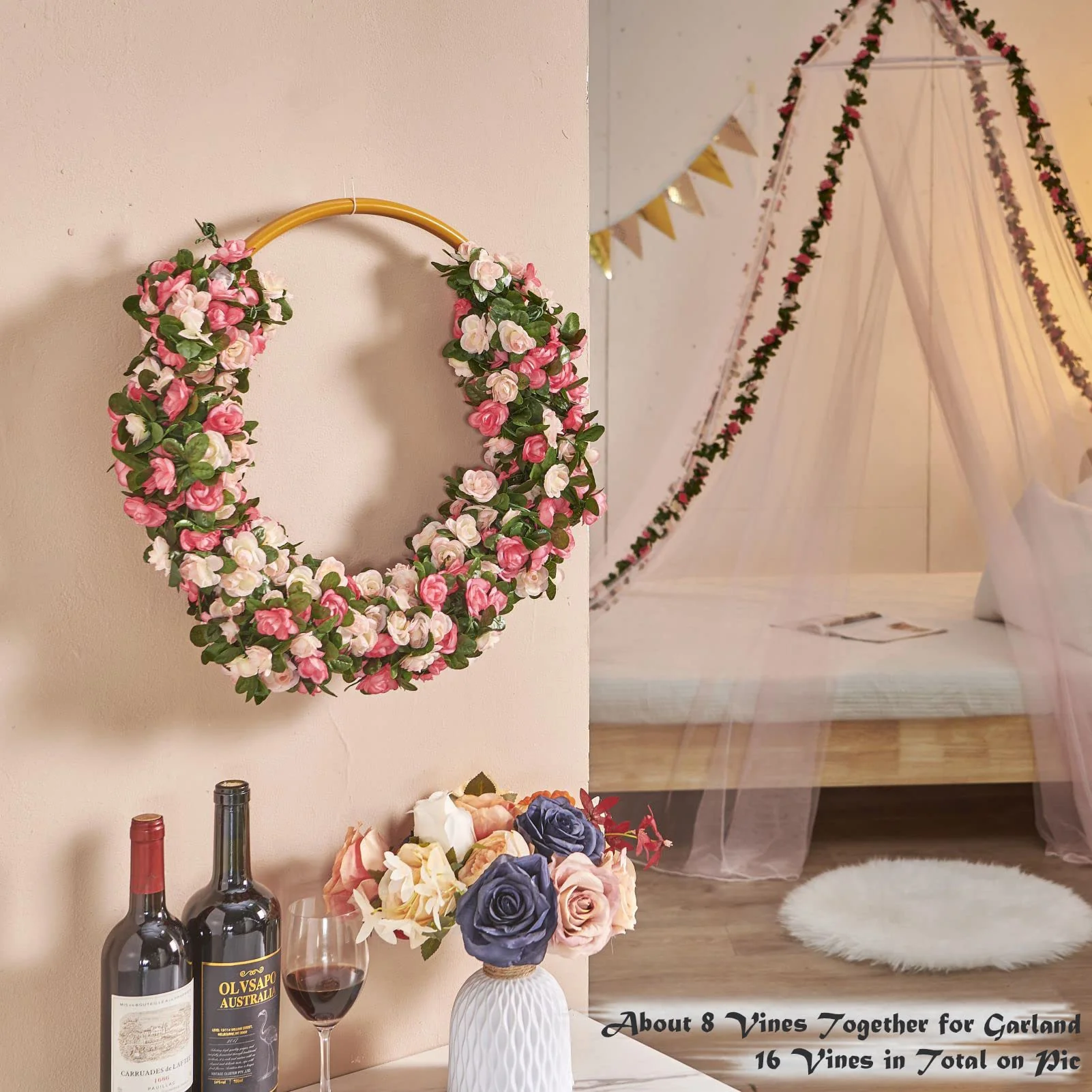 PONKING 8 Pcs x 8.2 ft Flower Garland Artificial Rose Vine Flowers with Green Leaves Hanging Fake Roses Vine for Room Party Home Wedding Birthday Christmas Wall Arch Decor, Spring Pink Flower - Image 6