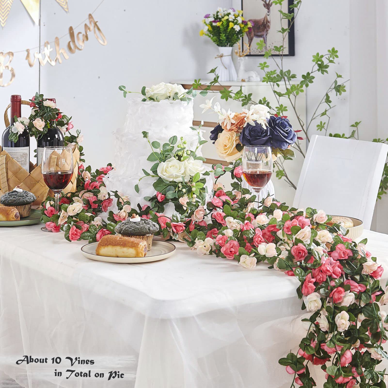 PONKING 8 Pcs x 8.2 ft Flower Garland Artificial Rose Vine Flowers with Green Leaves Hanging Fake Roses Vine for Room Party Home Wedding Birthday Christmas Wall Arch Decor, Spring Pink Flower - Image 9
