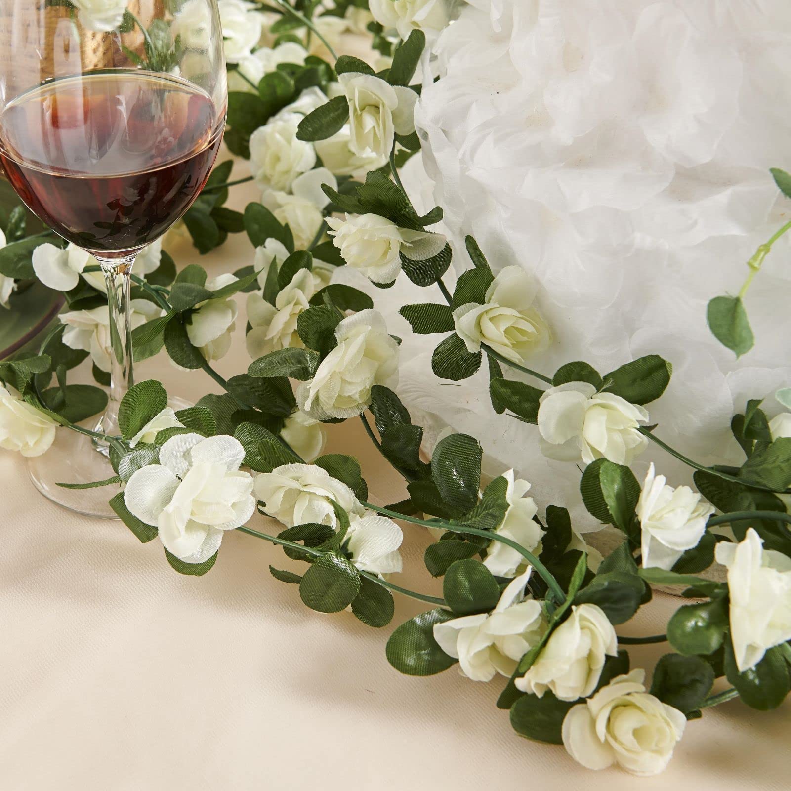 PONKING 8 Pcs x 8.2 ft Flower Garland Artificial Rose Vine Flowers with Green Leaves Hanging Fake Roses Vine for Room Party Home Wedding Birthday Christmas Wall Arch Decor, Spring White Flower - Image 3