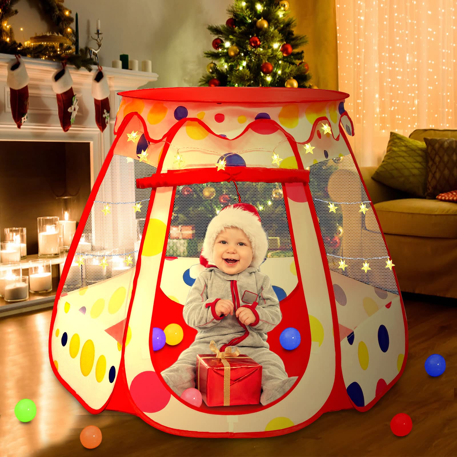 PopUp Princess Tent, Toddler Girl Toys Baby Ball Pit with LED Star Lights, Foldable Kid Play Tent with Carrying Bag, Indoor Outdoor 1 2 3 Year Old Girls Toy Gift for Birthday/ Christmas, Red - Image 6
