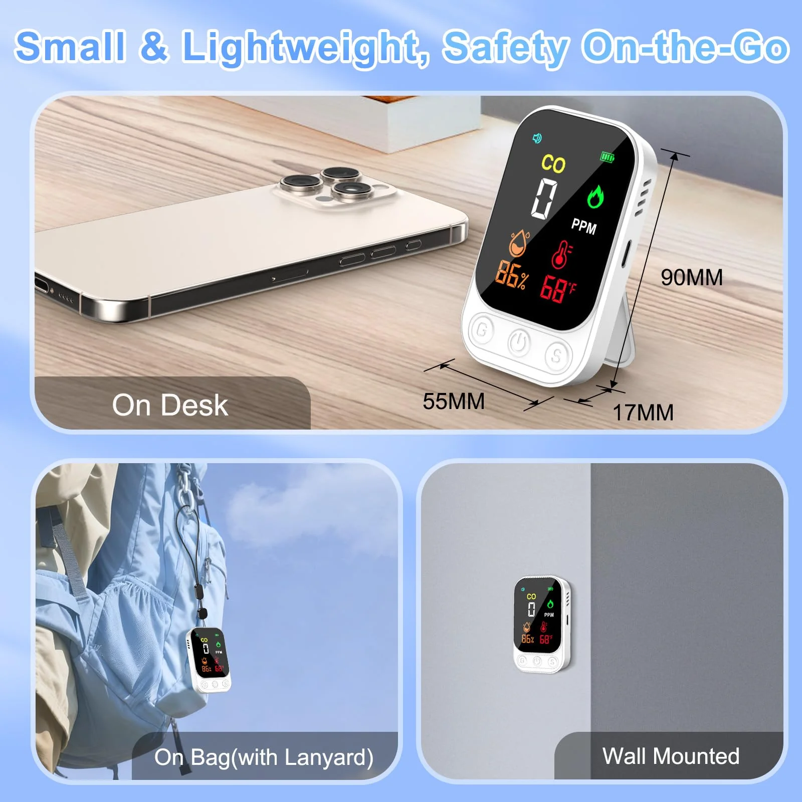 Portable Carbon Monoxide Detectors, 3-in-1 CO Detector – Mini CO, Temp & Humidity Sensor with 85 dB Alarm, Fold-Out Kickstand & Lanyard, Ultra-Low-Power Plug-Free Safety for Home, RV, Camp or Hotel - Image 4