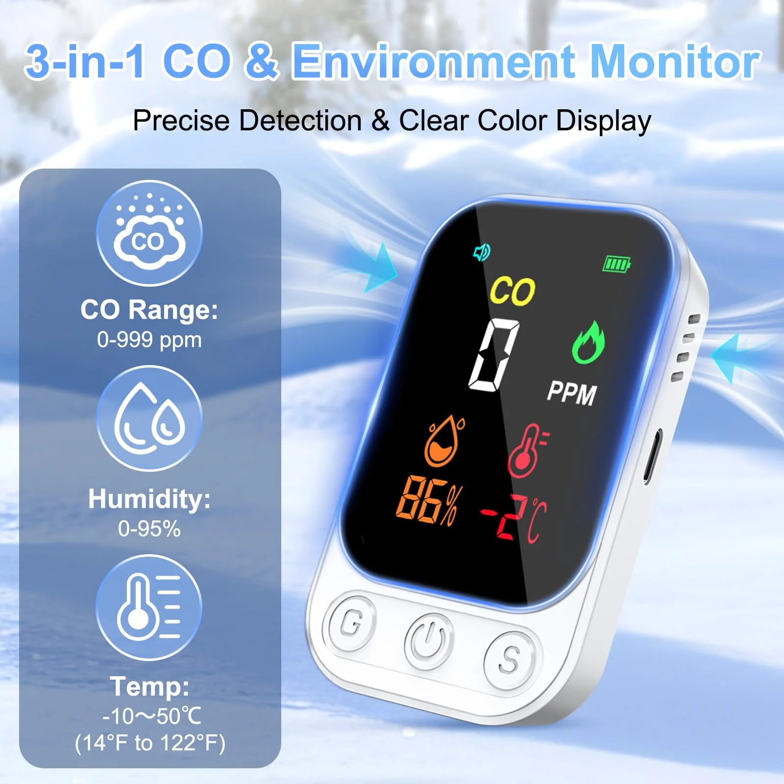 Portable Carbon Monoxide Detectors, 3-in-1 CO Detector – Mini CO, Temp & Humidity Sensor with 85 dB Alarm, Fold-Out Kickstand & Lanyard, Ultra-Low-Power Plug-Free Safety for Home, RV, Camp or Hotel - Image 7