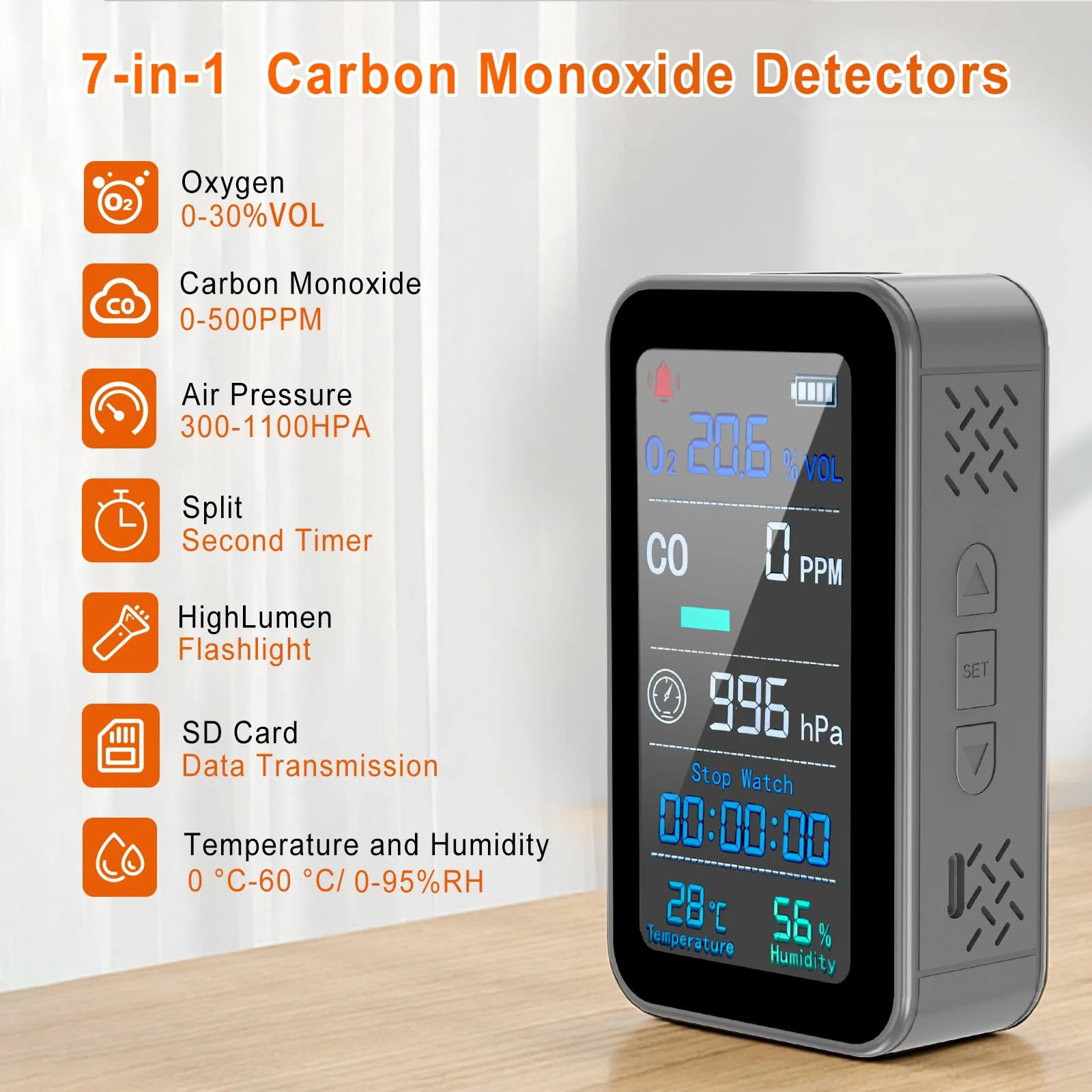 Portable Carbon Monoxide Detectors for Travel | 7-in-1 O2/CO Alarm with Air Pressure | Temperature, Humidity Sensors & 230-Hour Standby | Room Oxygen Monitor for Home, Hotel, Camping, RV - Image 8