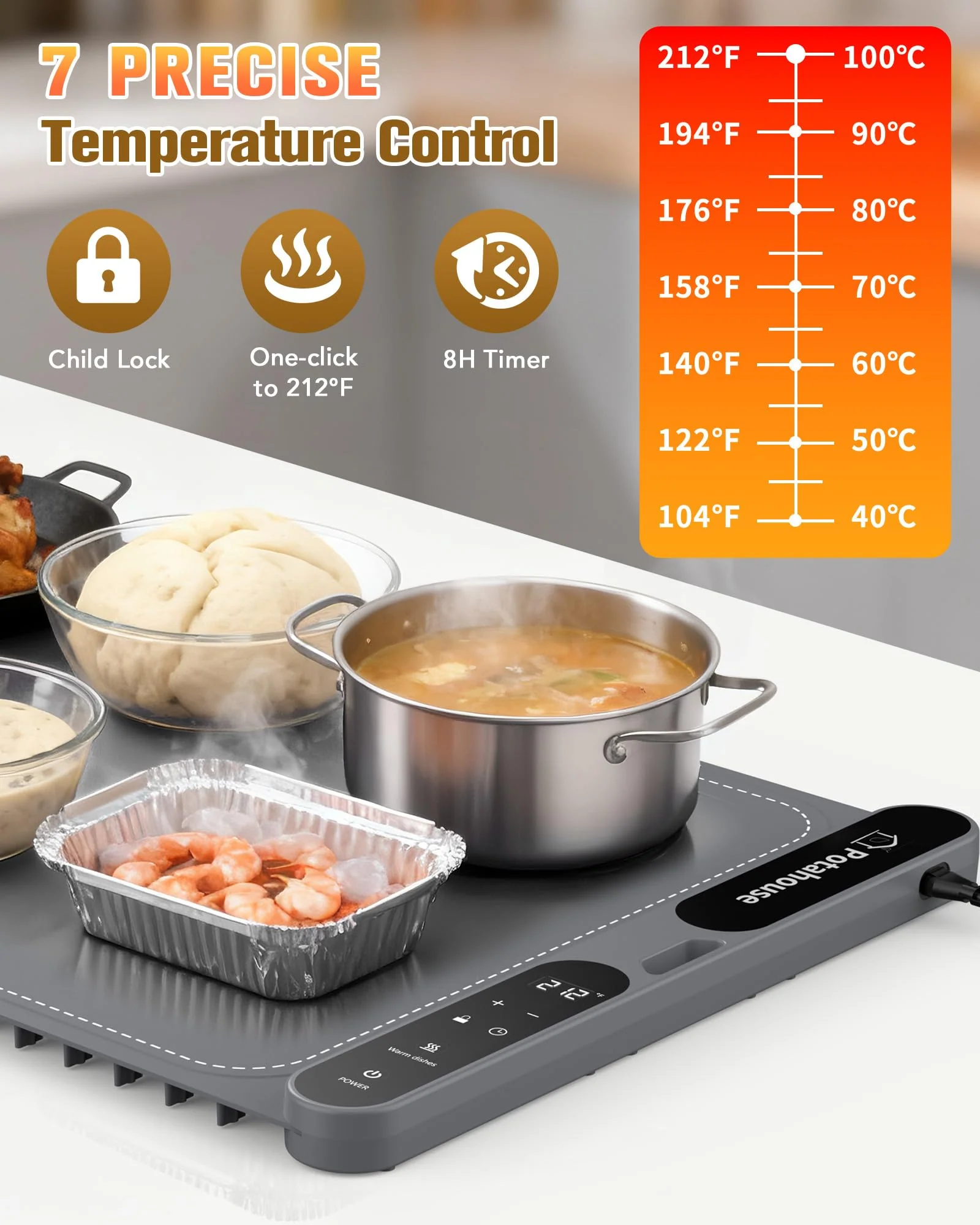 Potahouse® Food Warming Mat Extra Large 31"x15" 430W,Electric Warming Tray with 7 Temp 8 Timer Settings,Rollable & Portable Food Warmer for Parties,Buffet,Home and Travel Use - Image 6