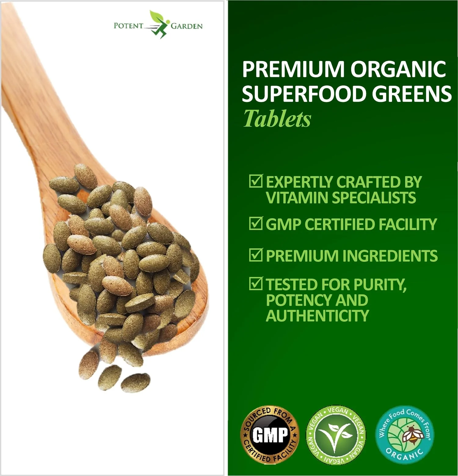 Potent Garden Organic Superfood Greens, Fruit and Veggies Supplement Rich in Vitamins & Antioxidants with Alfalfa, Beet Root & Tart Cherry to Boost Energy, Immunity & Gut Health, Greens Tablets 60 Ct - Image 5