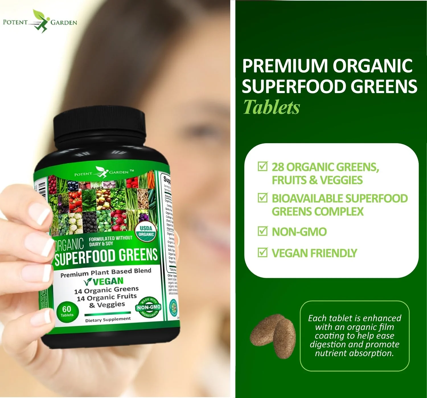 Potent Garden Organic Superfood Greens, Fruit and Veggies Supplement Rich in Vitamins & Antioxidants with Alfalfa, Beet Root & Tart Cherry to Boost Energy, Immunity & Gut Health, Greens Tablets 60 Ct - Image 7