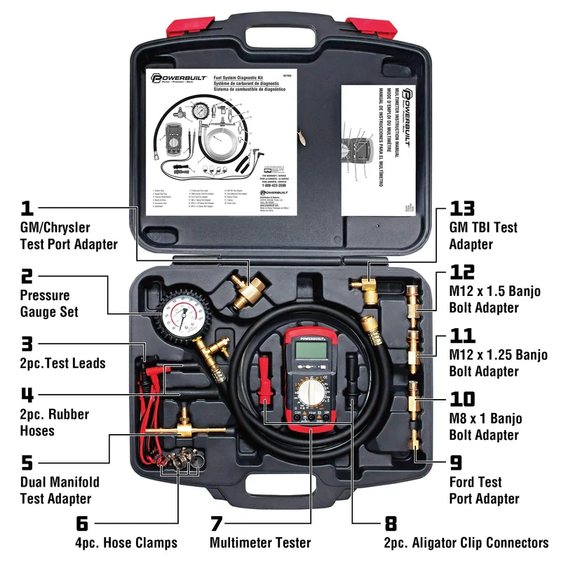 Powerbuilt Fuel System Diagnostic Kit, Pressure Test Gauge, Electrical System Issues, Adapters, Test Leads, Multimeter, Storage Case - 647959 - Image 2