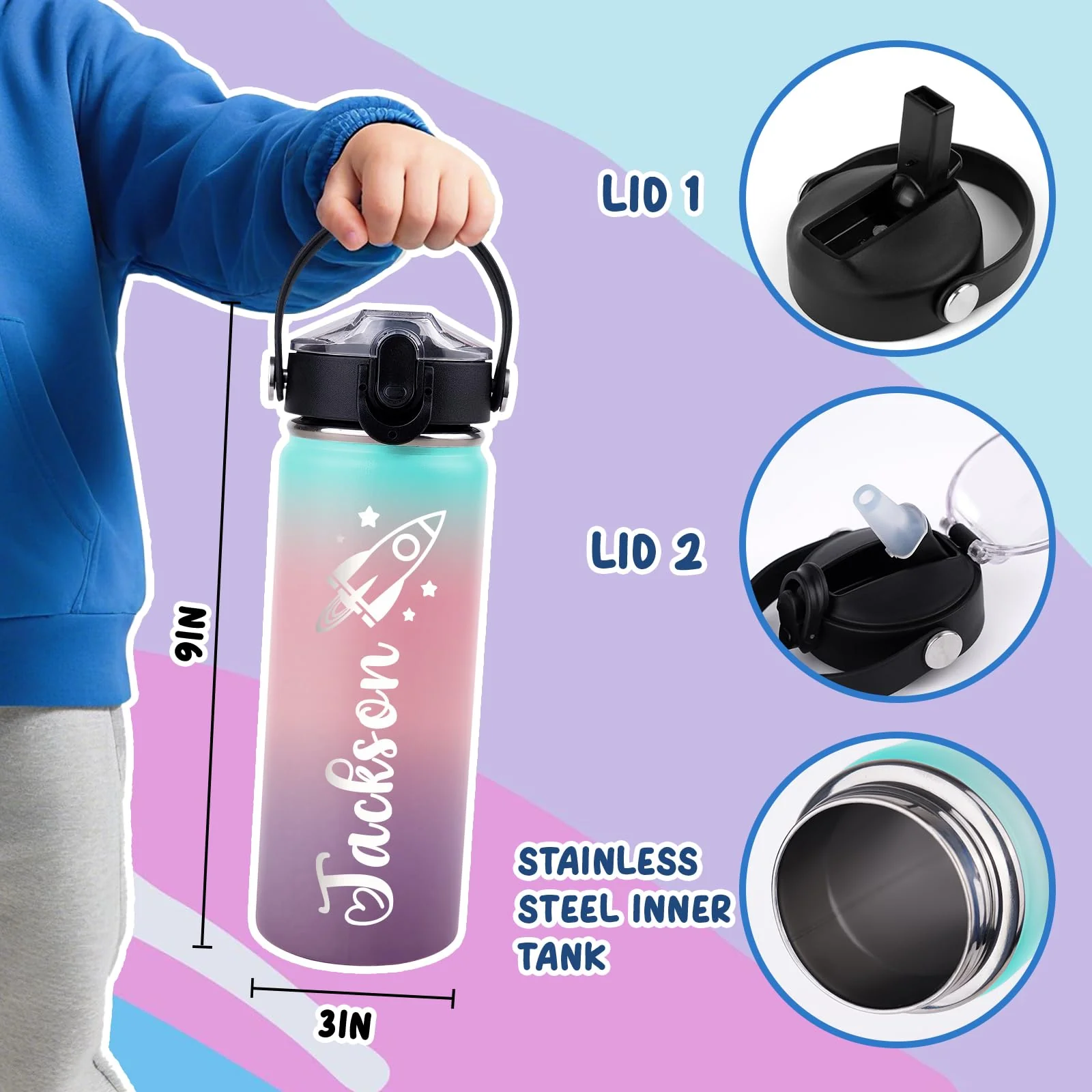 Pozetazas Personalized Water Bottles for Kids, Custom 18 oz Water Bottle for School with Engraved Name, Stainless Steel Tumbler for Kids with Straw, Birthday Christmas Gifts for Girls Boys - Image 7
