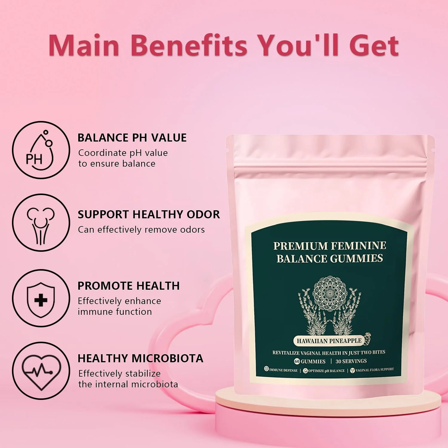 Premium Feminine Balance Gummies for Women, Pineapple Gummies for Women PH Health and Wellness, Hawaiian Pineapple Flavor, Improve Immune, Vegan, Gluten Free, Light Pink, 1 Pack - Image 5