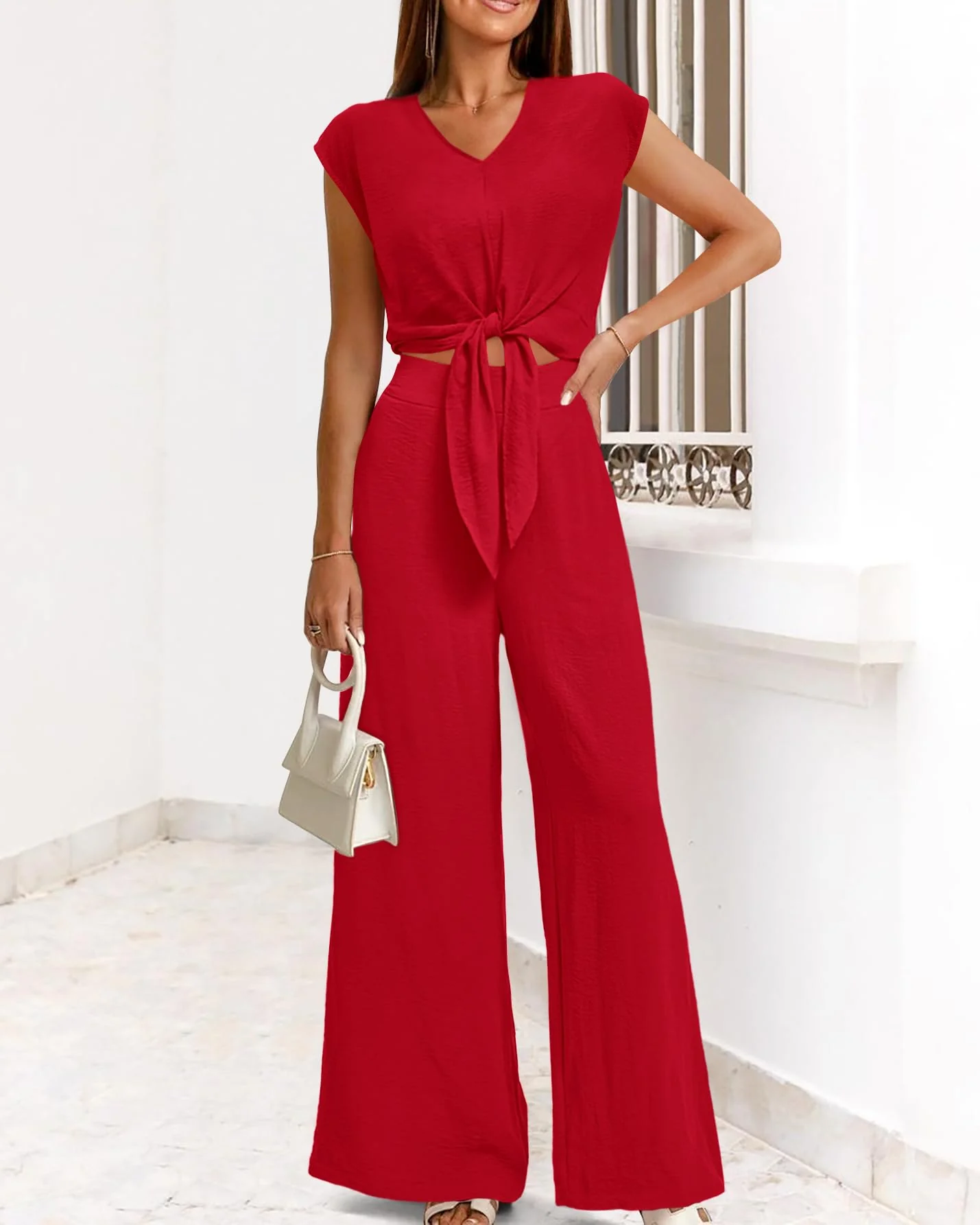 PRETTYGARDEN Women's Casual Summer Outfits 2 Piece Cute Cap Sleeve Tie Front Tops Loose Fit Pant Fashion Airport Outfit(Solid Red,Medium) - Image 2
