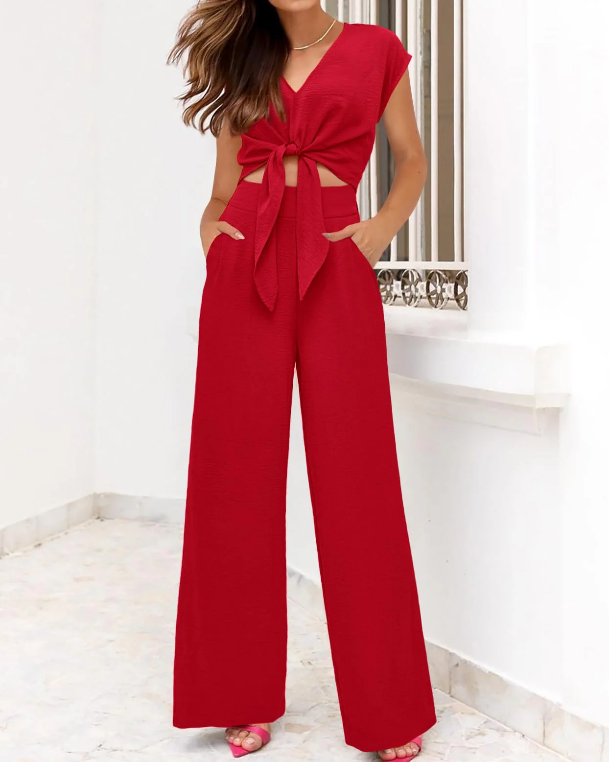 PRETTYGARDEN Women's Casual Summer Outfits 2 Piece Cute Cap Sleeve Tie Front Tops Loose Fit Pant Fashion Airport Outfit(Solid Red,Medium) - Image 3