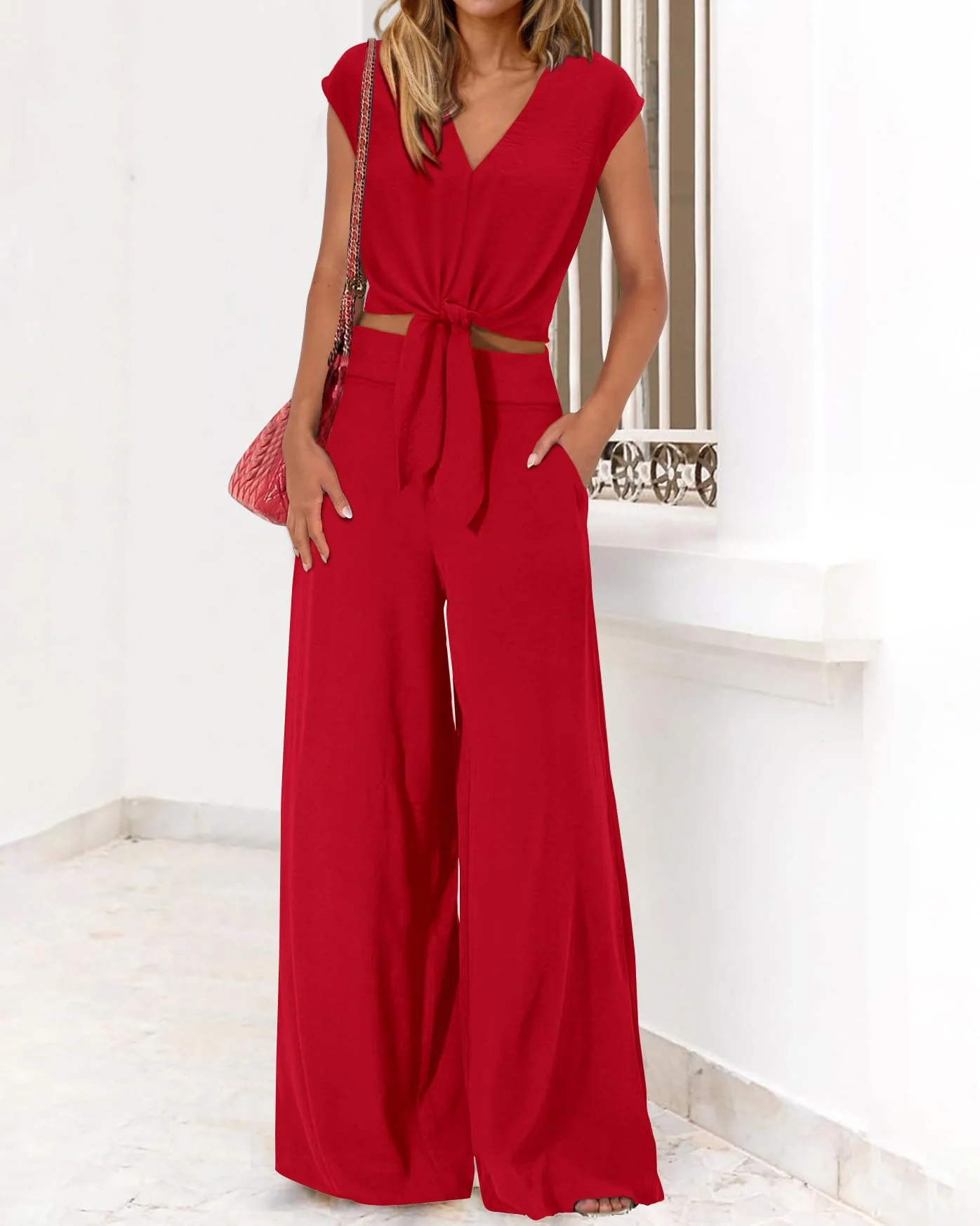 PRETTYGARDEN Women's Casual Summer Outfits 2 Piece Cute Cap Sleeve Tie Front Tops Loose Fit Pant Fashion Airport Outfit(Solid Red,Medium) - Image 6